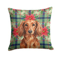 Longhaired Red Dachshund Christmas PoinsettIas Decorative Throw Pillow 18x18 Indoor Outdoor Accent Cushion, Fabric Cover with Insert for Sofa, Bed, Porch & Living Room