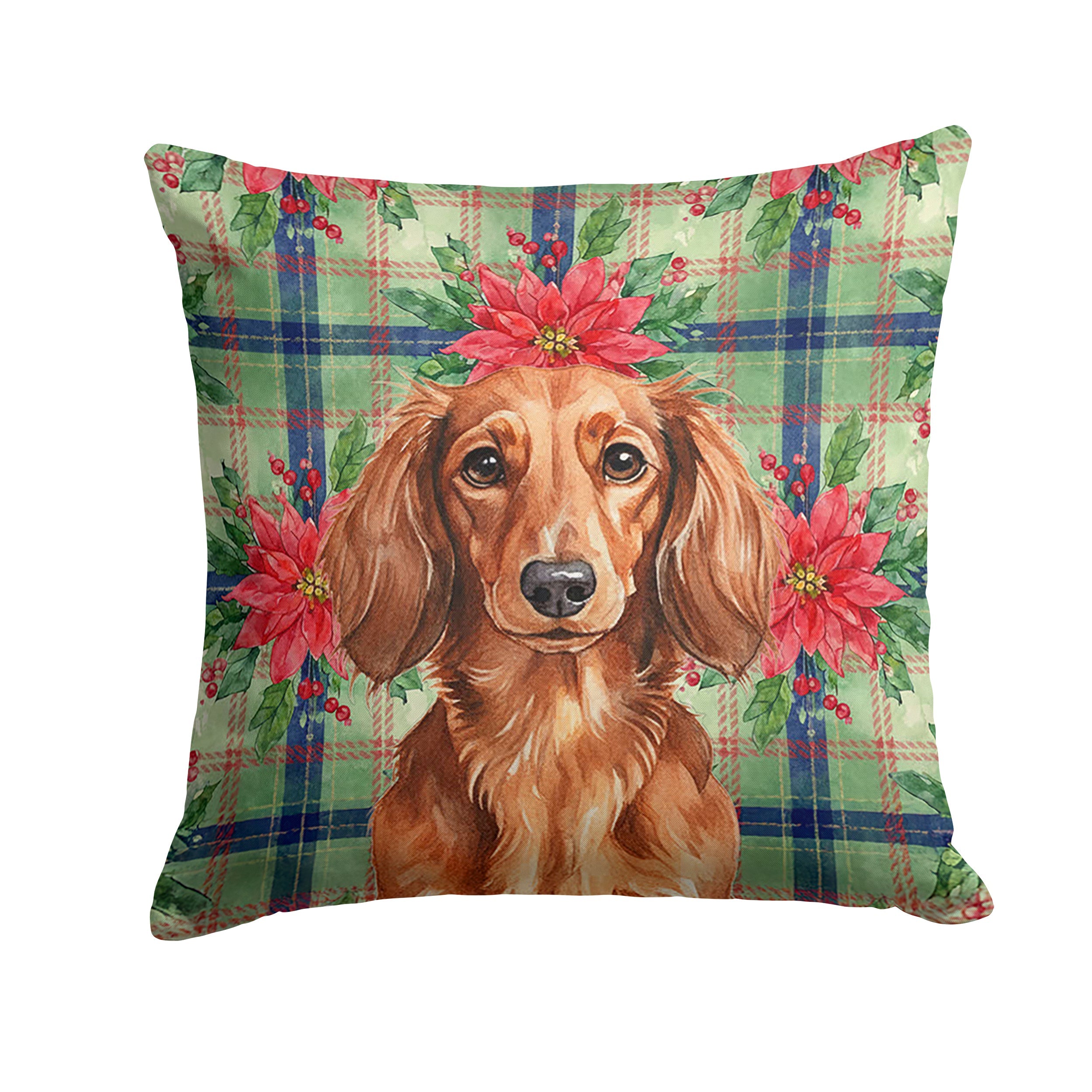Longhaired Red Dachshund Christmas PoinsettIas Decorative Throw Pillow 18x18 Indoor Outdoor Accent Cushion, Fabric Cover with Insert for Sofa, Bed, Porch & Living Room