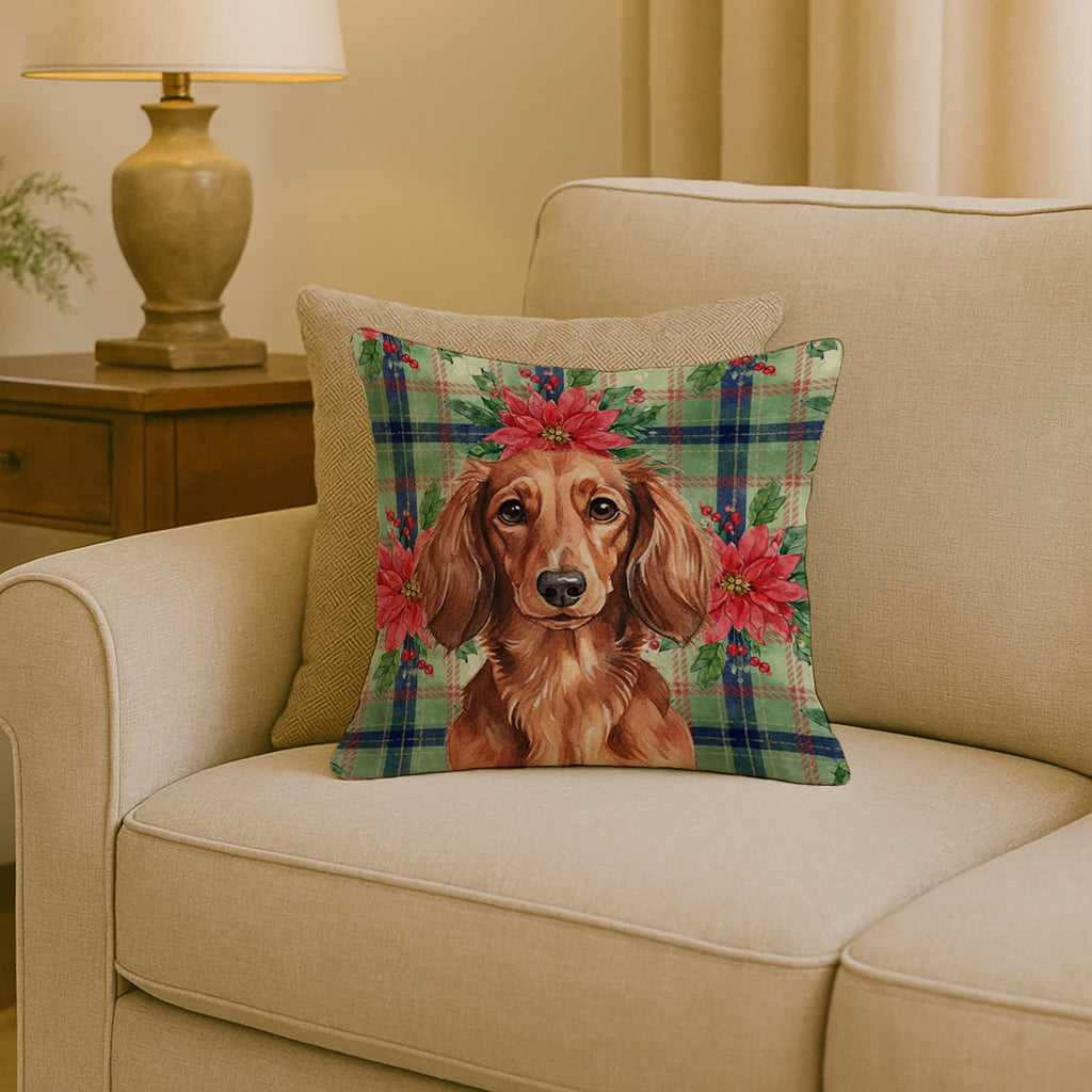 Longhaired Red Dachshund Christmas PoinsettIas Decorative Throw Pillow 18x18 Indoor Outdoor Accent Cushion, Fabric Cover with Insert for Sofa, Bed, Porch & Living Room