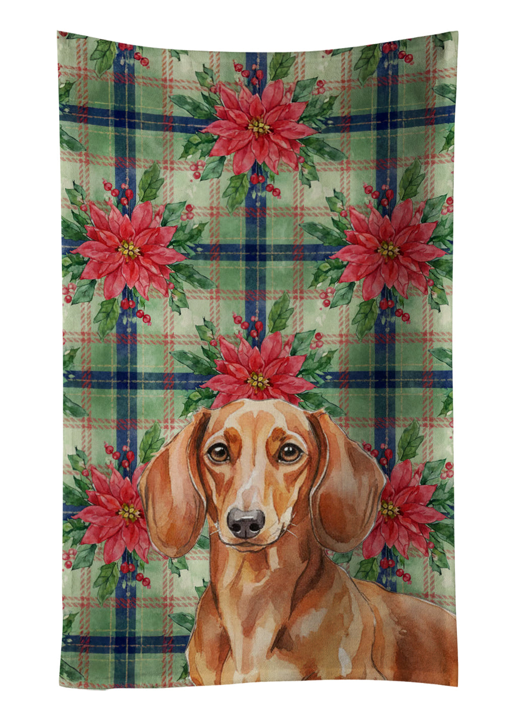 Red Brown Dachshund Christmas PoinsettIas Kitchen Towel Velour Plush Front and Cotton Loop Back Machine Washable