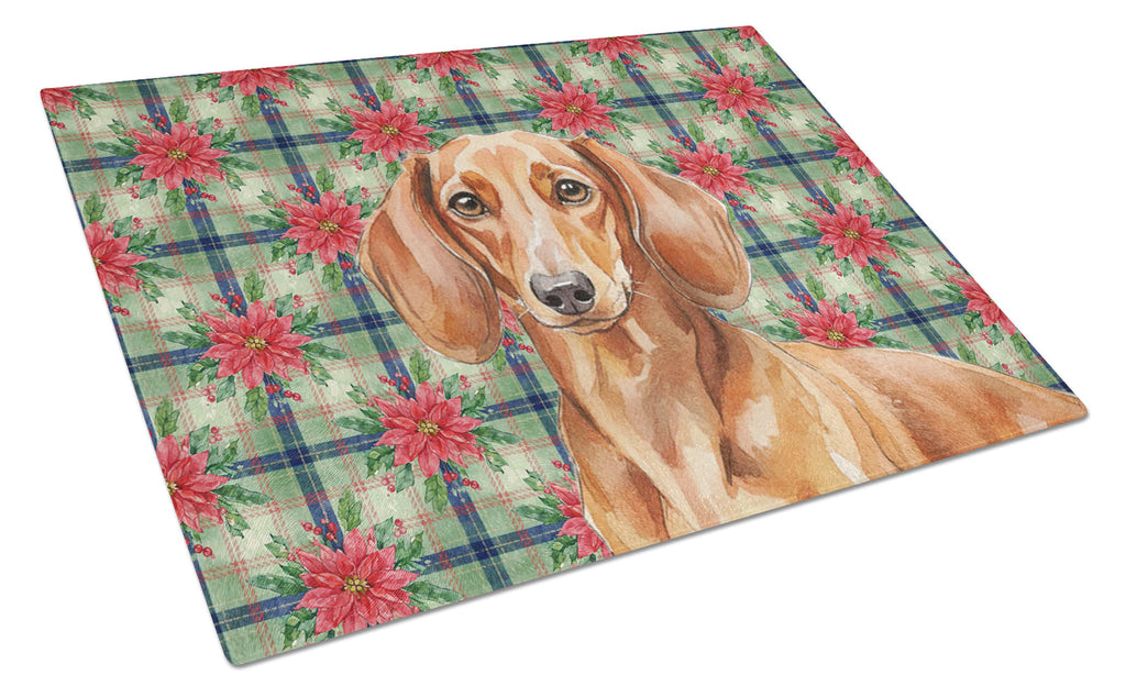Red Brown Dachshund Christmas PoinsettIas Cutting Board Tempered Glass Kitchen Cutting Surface, Heat Resistant Chopping, Non-Slip Feet, Food Prep & Serving