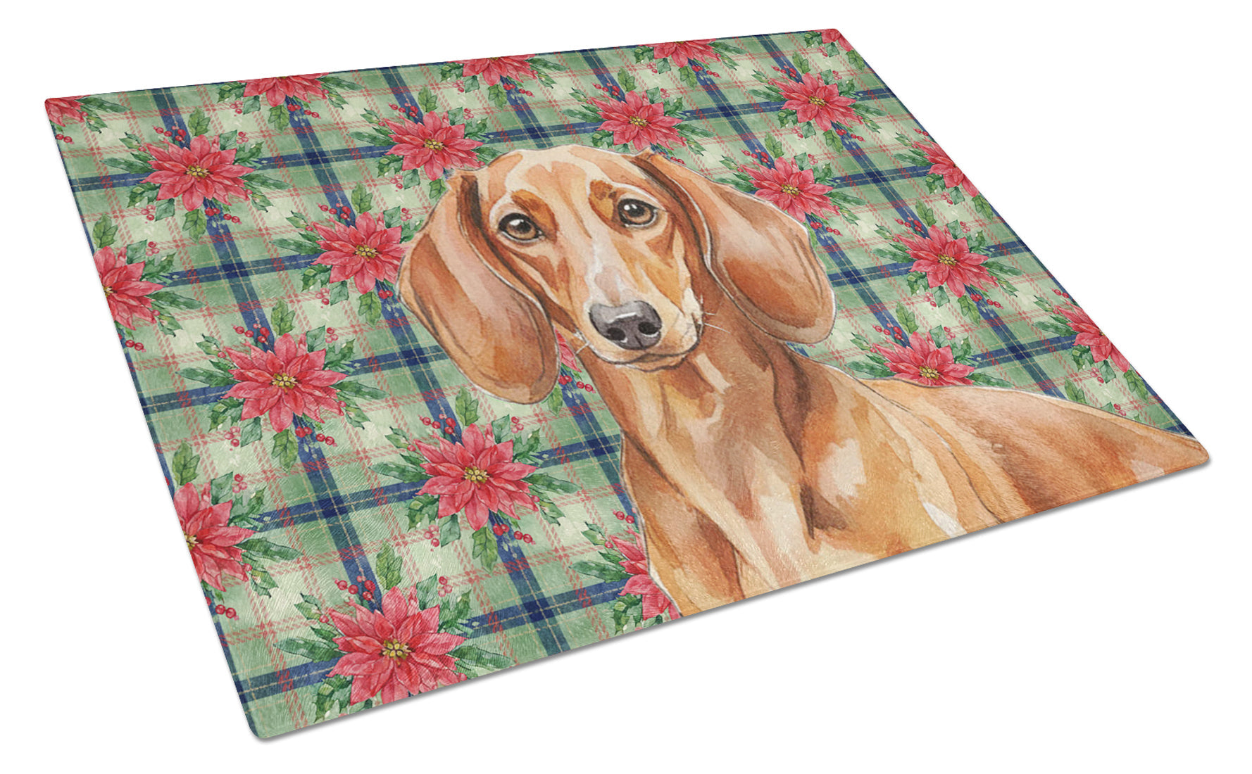 Red Brown Dachshund Christmas PoinsettIas Cutting Board Tempered Glass Kitchen Cutting Surface, Heat Resistant Chopping, Non-Slip Feet, Food Prep & Serving