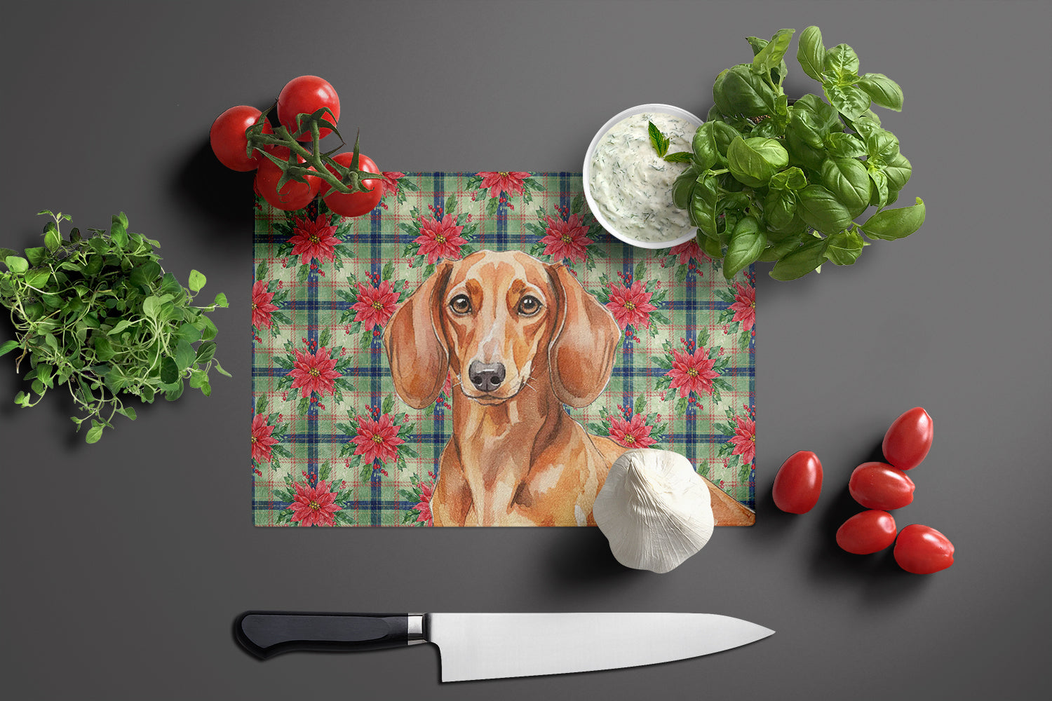 Red Brown Dachshund Christmas PoinsettIas Cutting Board Tempered Glass Kitchen Cutting Surface, Heat Resistant Chopping, Non-Slip Feet, Food Prep & Serving