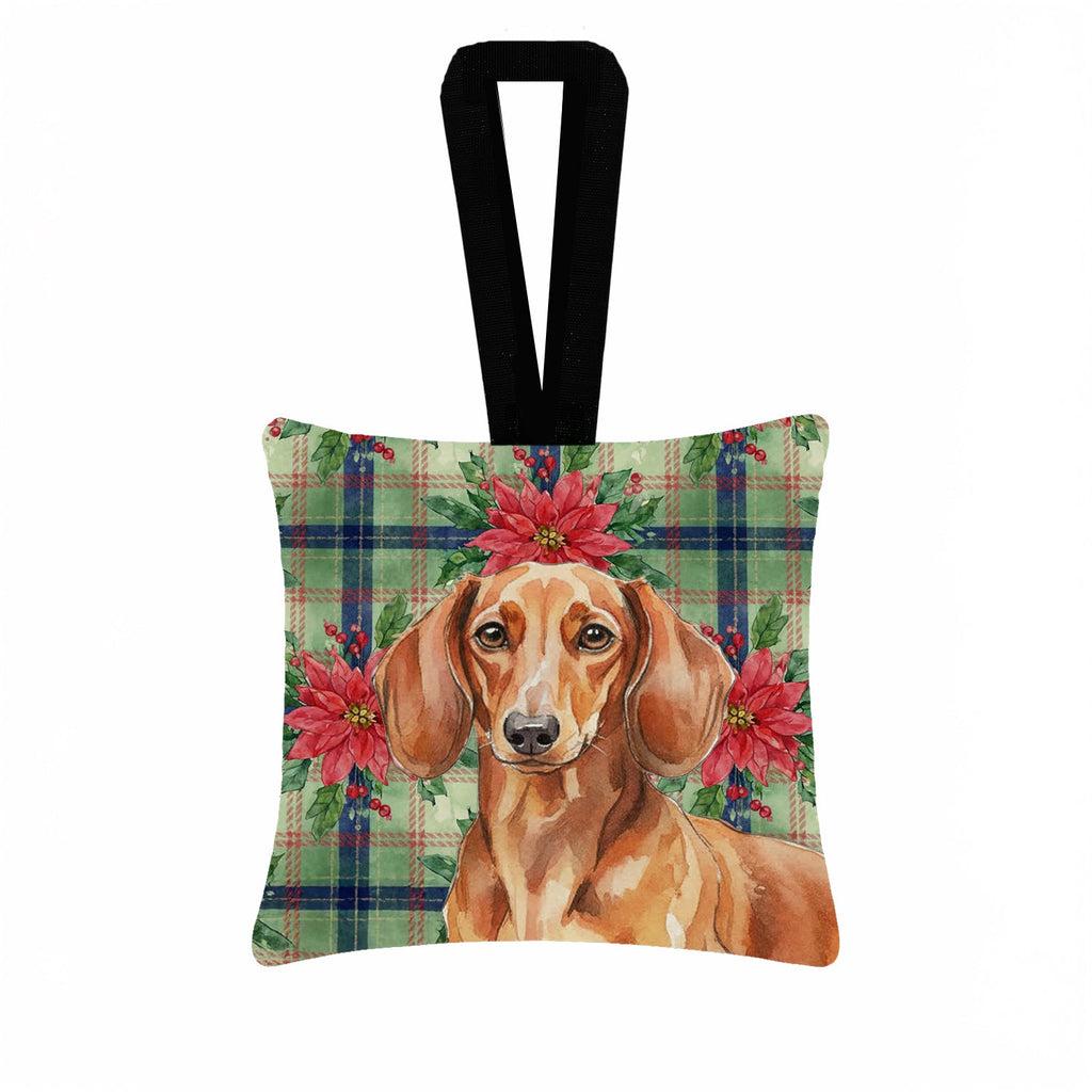 Red Brown Dachshund Christmas PoinsettIas Hanging Square Fabric Ornament 3.5 � 3.5 Decorative Door-Knob & Tree Hanger, Soft Fabric