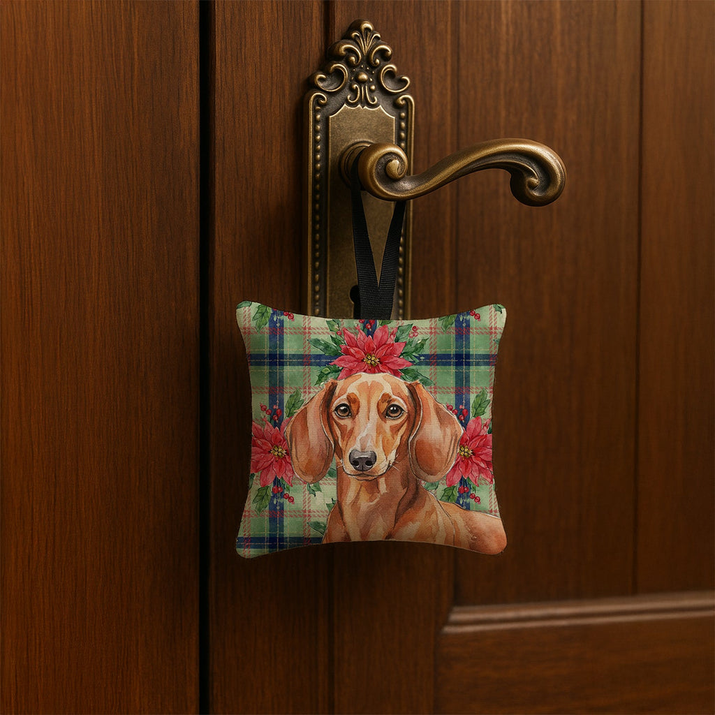 Red Brown Dachshund Christmas PoinsettIas Hanging Square Fabric Ornament 3.5 � 3.5 Decorative Door-Knob & Tree Hanger, Soft Fabric