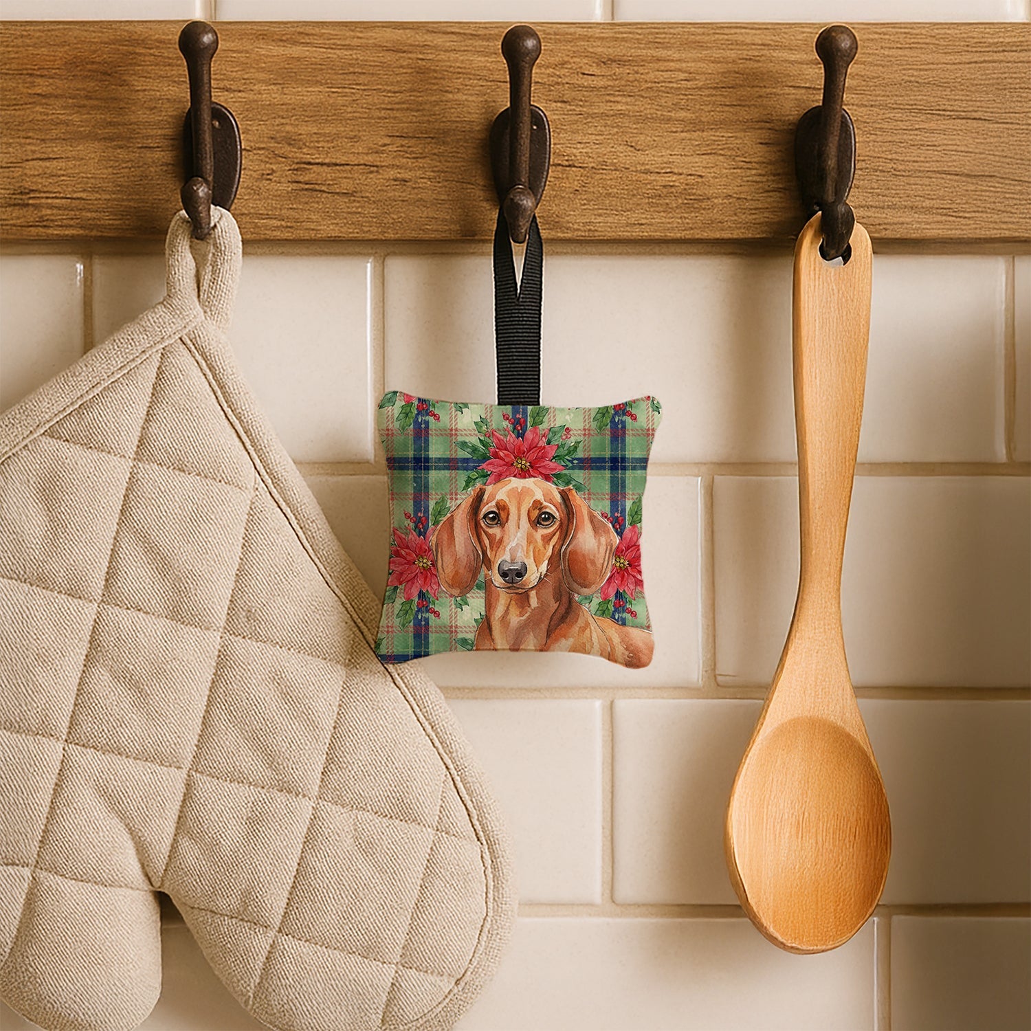 Red Brown Dachshund Christmas PoinsettIas Hanging Square Fabric Ornament 3.5 � 3.5 Decorative Door-Knob & Tree Hanger, Soft Fabric
