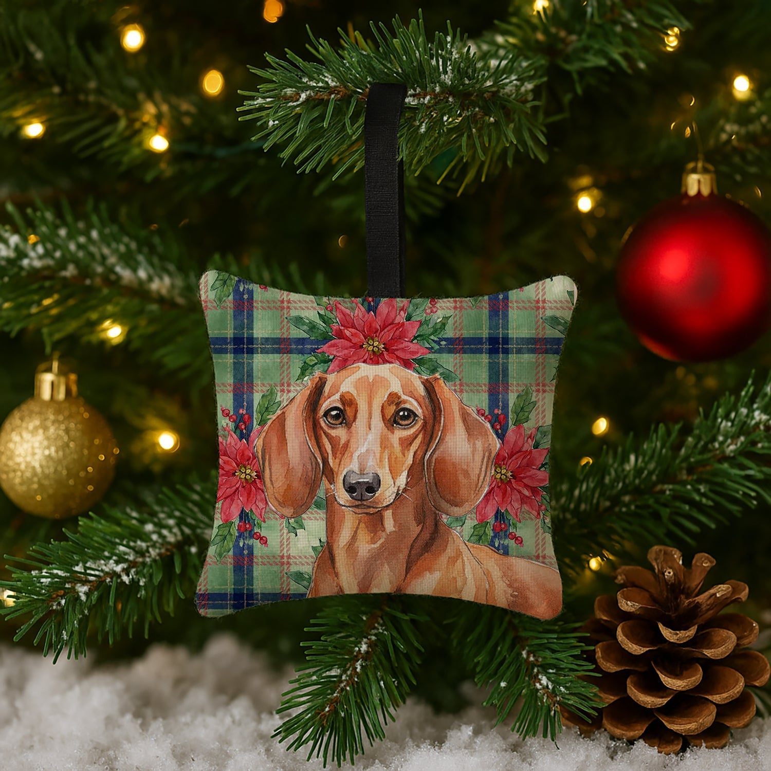 Red Brown Dachshund Christmas PoinsettIas Hanging Square Fabric Ornament 3.5 � 3.5 Decorative Door-Knob & Tree Hanger, Soft Fabric