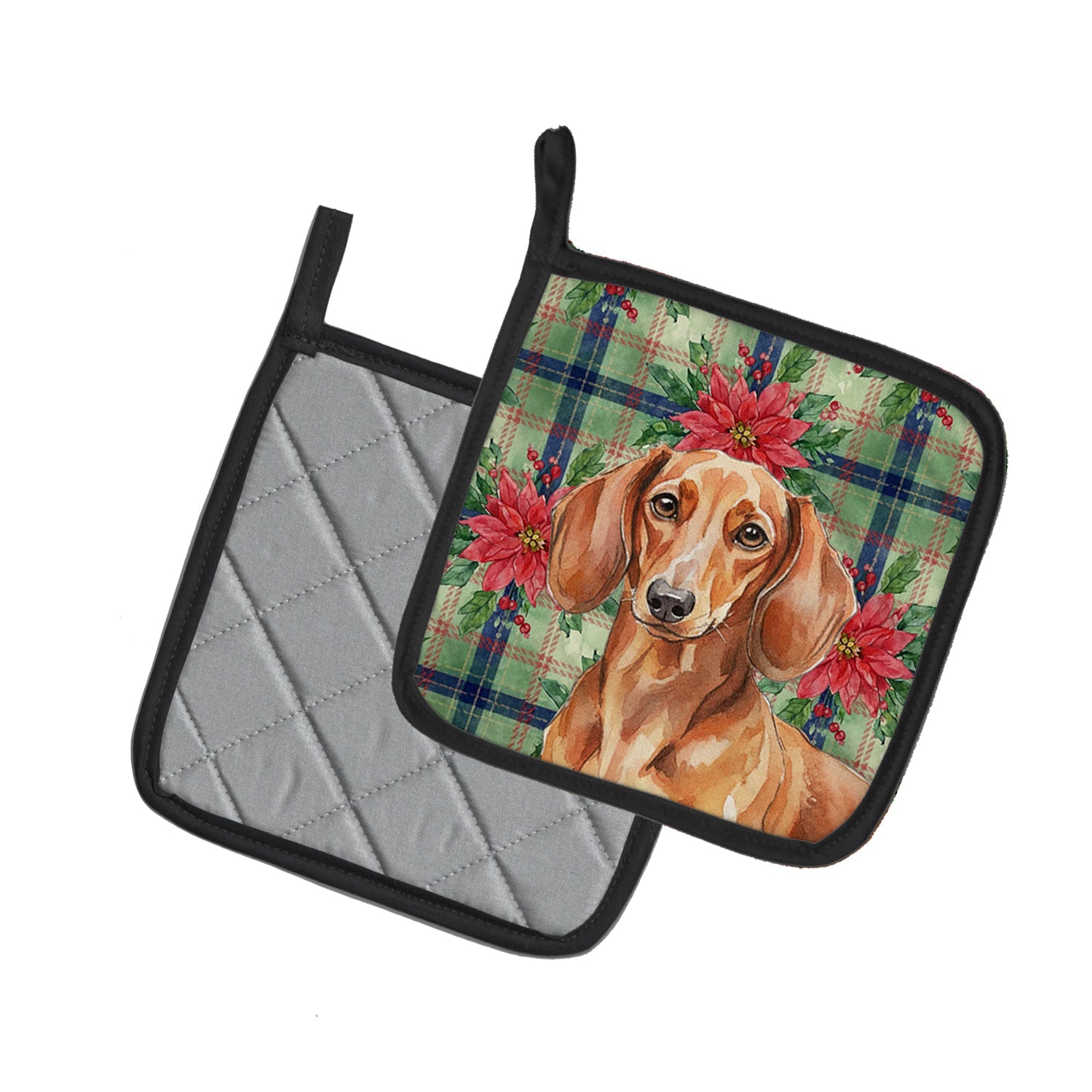 Red Brown Dachshund Christmas PoinsettIas Pot Holder Set of 2 Heat Resistant Quilted Hot Pads 7.5 x 7.5 Inch, Insulated Kitchen Trivets for Cooking & Baking