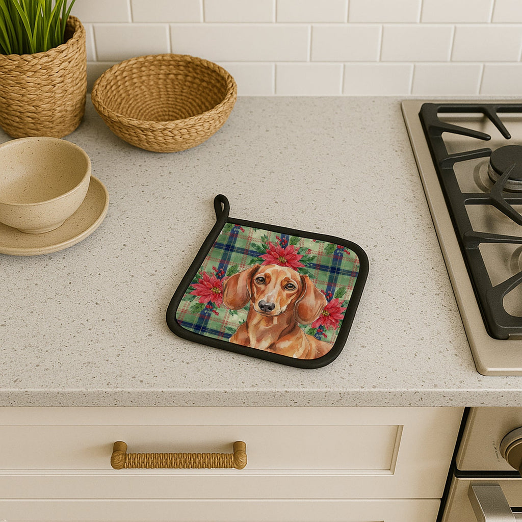 Red Brown Dachshund Christmas PoinsettIas Pot Holder Set of 2 Heat Resistant Quilted Hot Pads 7.5 x 7.5 Inch, Insulated Kitchen Trivets for Cooking & Baking
