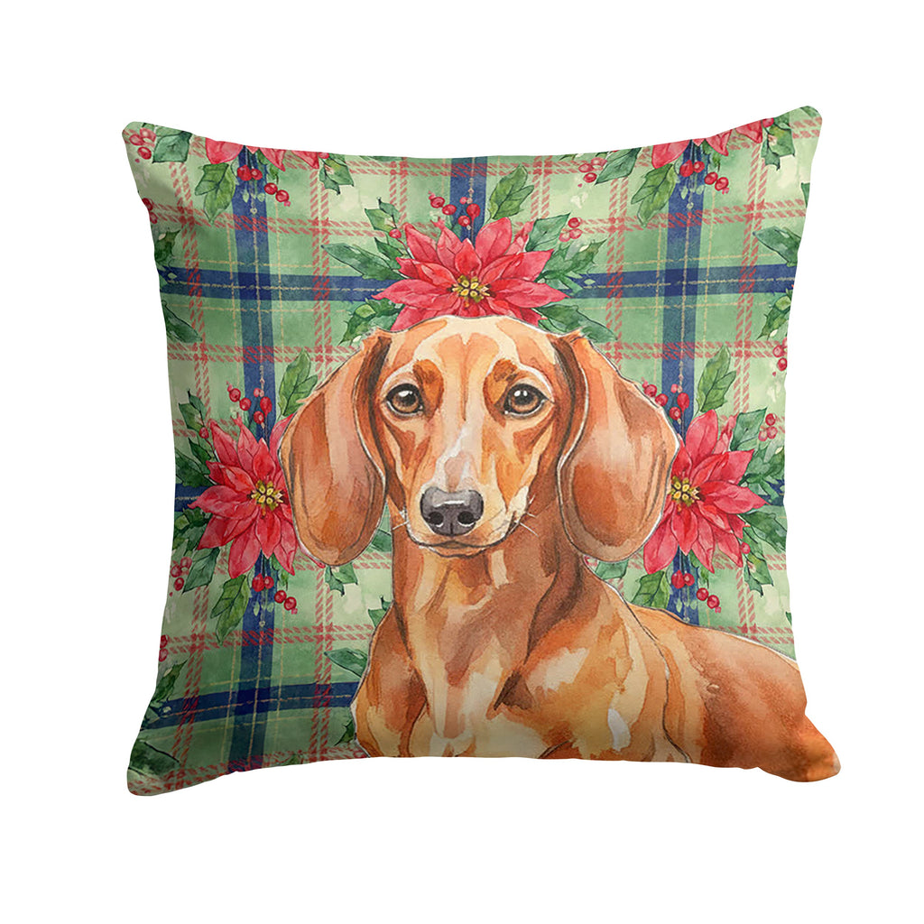 Red Brown Dachshund Christmas PoinsettIas Decorative Throw Pillow 14x14 Indoor Outdoor Accent Cushion, Fabric Cover with Insert for Sofa, Bed, Porch & Living Room