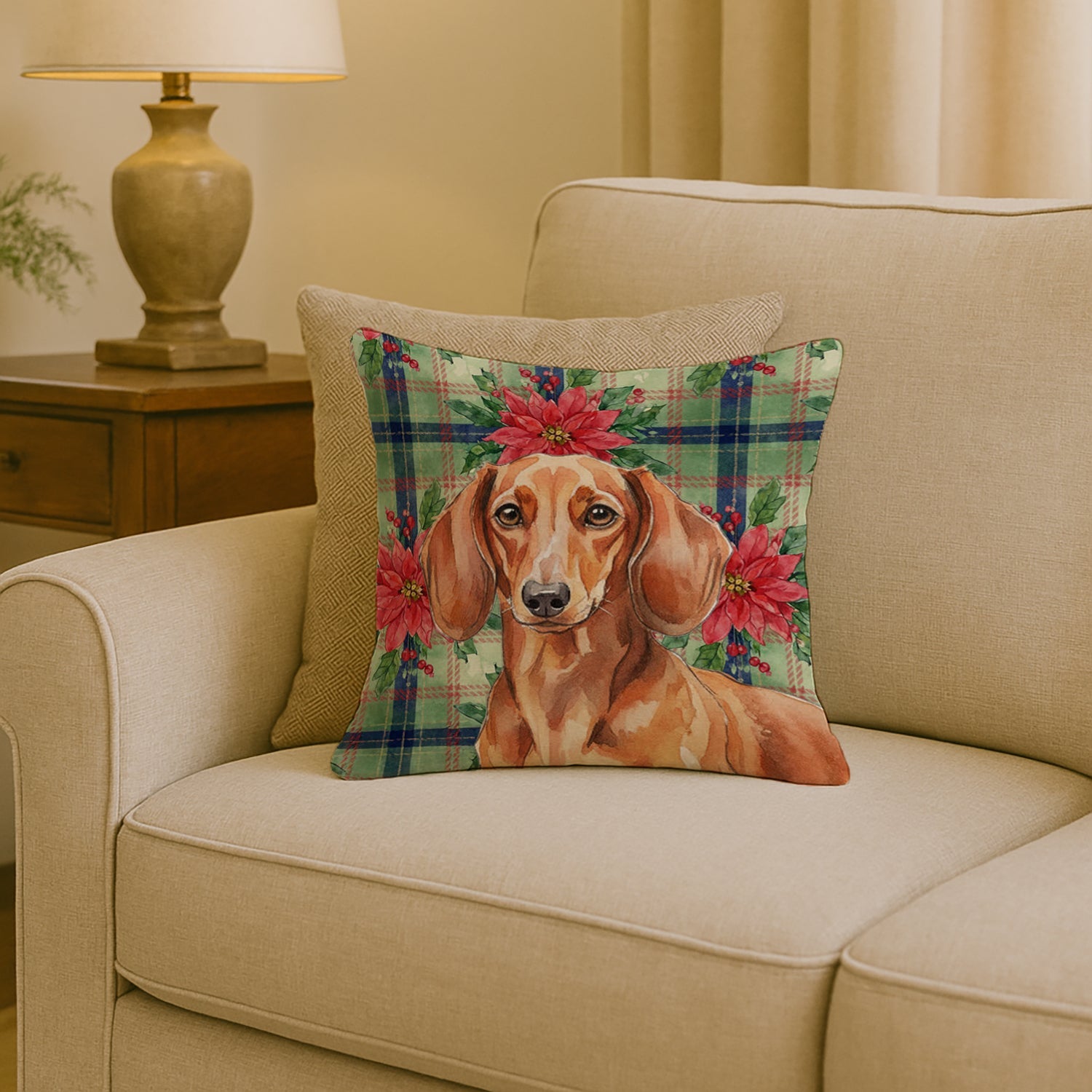 Red Brown Dachshund Christmas PoinsettIas Decorative Throw Pillow 18x18 Indoor Outdoor Accent Cushion, Fabric Cover with Insert for Sofa, Bed, Porch & Living Room