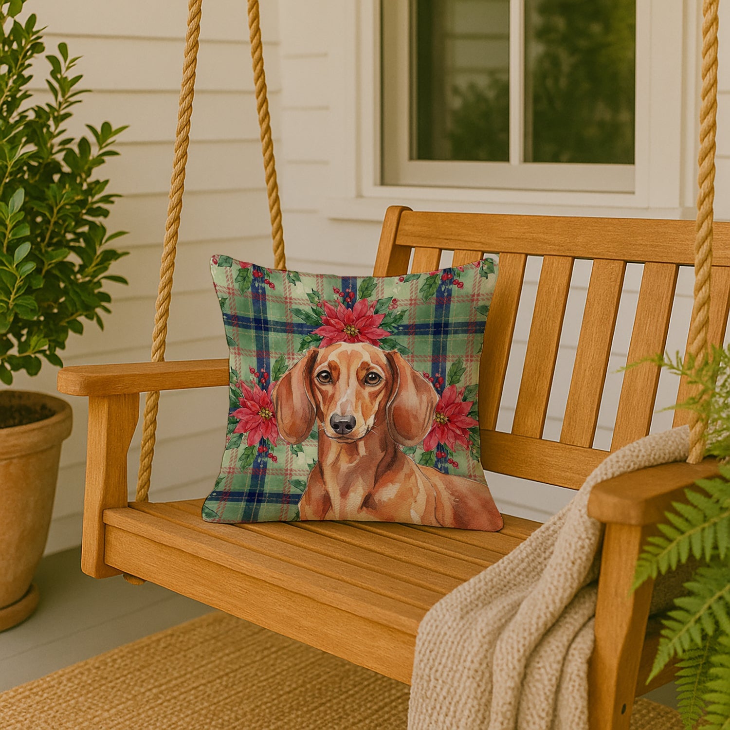 Red Brown Dachshund Christmas PoinsettIas Decorative Throw Pillow 18x18 Indoor Outdoor Accent Cushion, Fabric Cover with Insert for Sofa, Bed, Porch & Living Room