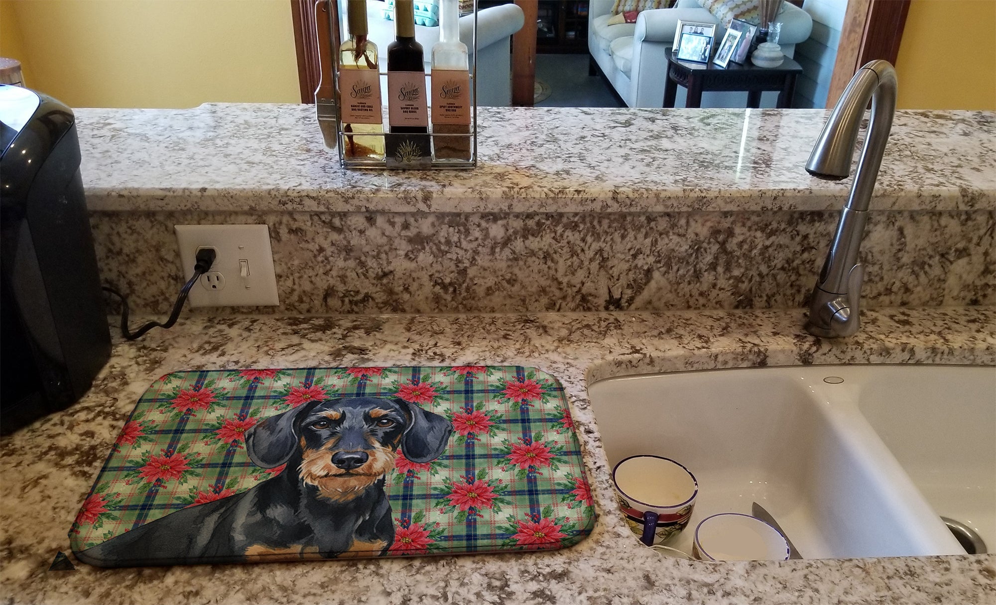 Wirehaired Black and Tan Dachshund Christmas PoinsettIas Dish Drying Mat Absorbent Dish Drying Mat Pad for Kitchen Counter Dish Drainer Mat for Countertop, 14 x 21", Multicolor