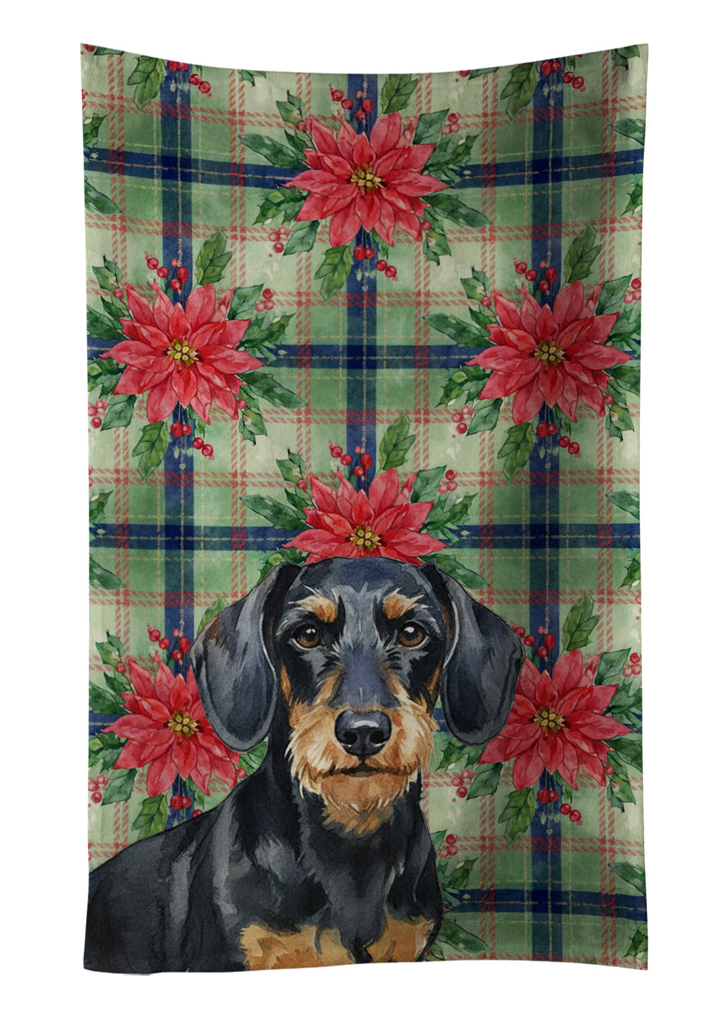 Wirehaired Black and Tan Dachshund Christmas PoinsettIas Kitchen Towel Velour Plush Front and Cotton Loop Back Machine Washable