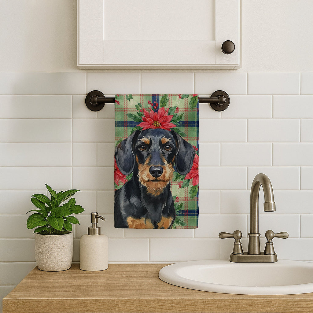 Wirehaired Black and Tan Dachshund Christmas PoinsettIas Kitchen Towel Velour Plush Front and Cotton Loop Back Machine Washable