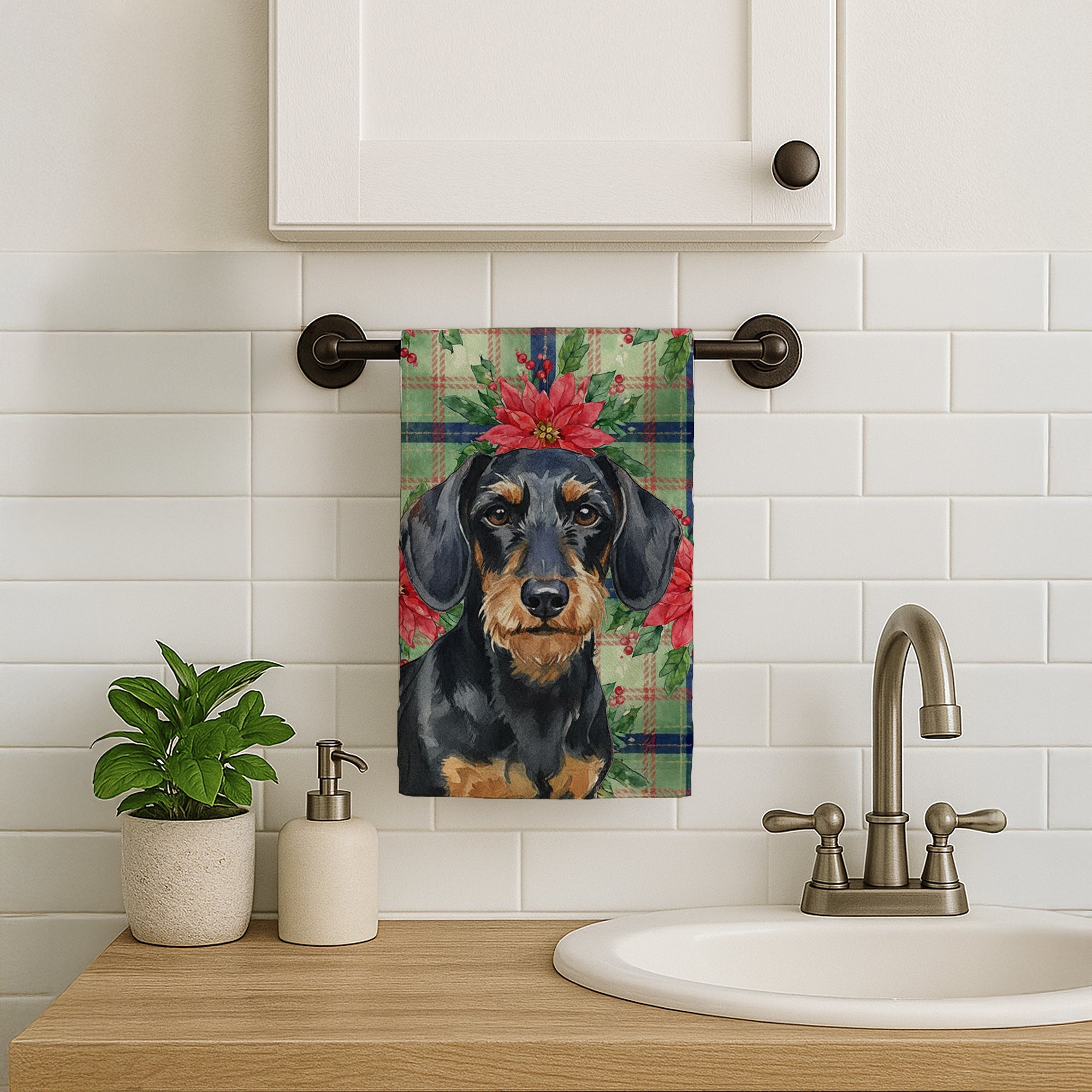 Wirehaired Black and Tan Dachshund Christmas PoinsettIas Kitchen Towel Velour Plush Front and Cotton Loop Back Machine Washable