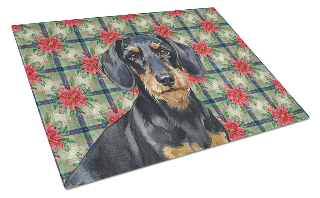 Wirehaired Black and Tan Dachshund Christmas PoinsettIas Cutting Board Tempered Glass Kitchen Cutting Surface, Heat Resistant Chopping, Non-Slip Feet, Food Prep & Serving