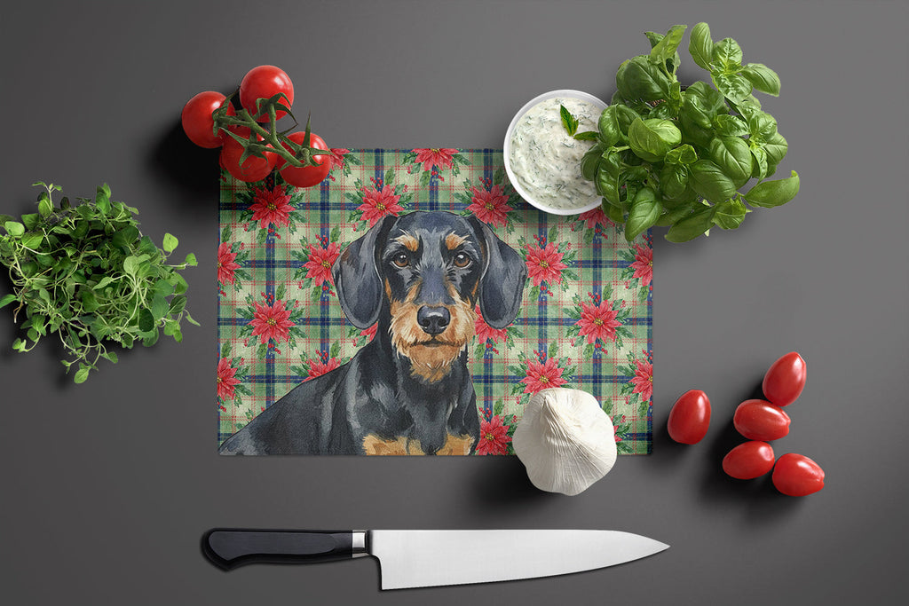 Wirehaired Black and Tan Dachshund Christmas PoinsettIas Cutting Board Tempered Glass Kitchen Cutting Surface, Heat Resistant Chopping, Non-Slip Feet, Food Prep & Serving