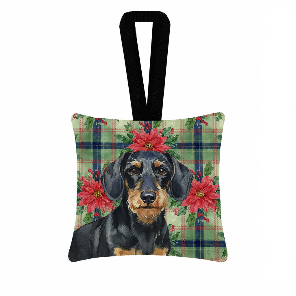 Wirehaired Black and Tan Dachshund Christmas PoinsettIas Hanging Square Fabric Ornament 3.5 � 3.5 Decorative Door-Knob & Tree Hanger, Soft Fabric