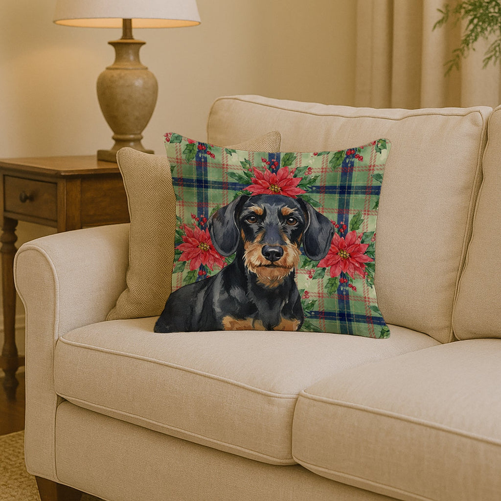 Wirehaired Black and Tan Dachshund Christmas PoinsettIas Decorative Throw Pillow 14x14 Indoor Outdoor Accent Cushion, Fabric Cover with Insert for Sofa, Bed, Porch & Living Room
