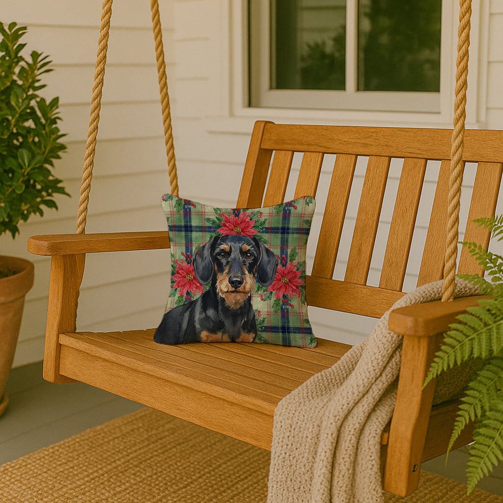Wirehaired Black and Tan Dachshund Christmas PoinsettIas Decorative Throw Pillow 14x14 Indoor Outdoor Accent Cushion, Fabric Cover with Insert for Sofa, Bed, Porch & Living Room