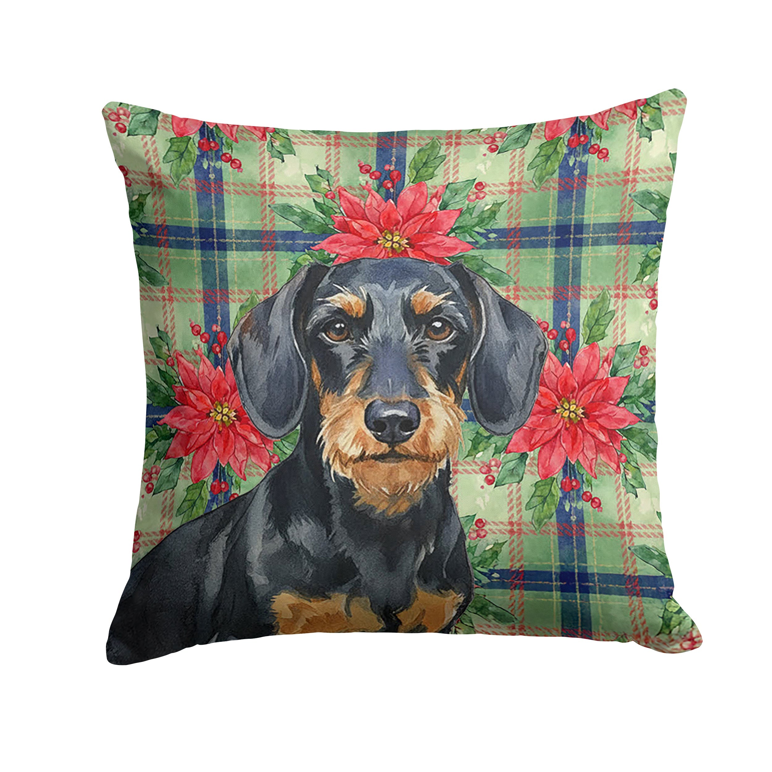 Wirehaired Black and Tan Dachshund Christmas PoinsettIas Decorative Throw Pillow 18x18 Indoor Outdoor Accent Cushion, Fabric Cover with Insert for Sofa, Bed, Porch & Living Room