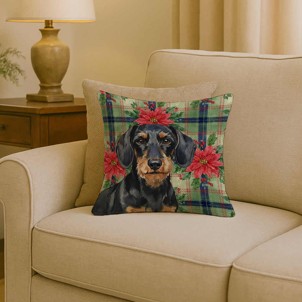 Wirehaired Black and Tan Dachshund Christmas PoinsettIas Decorative Throw Pillow 18x18 Indoor Outdoor Accent Cushion, Fabric Cover with Insert for Sofa, Bed, Porch & Living Room