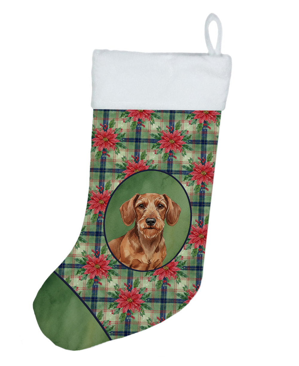 Wirehaired Red Dachshund Christmas PoinsettIas Holiday Stocking Double-Sided Print, Polyester Suede,11x18, Made in USA