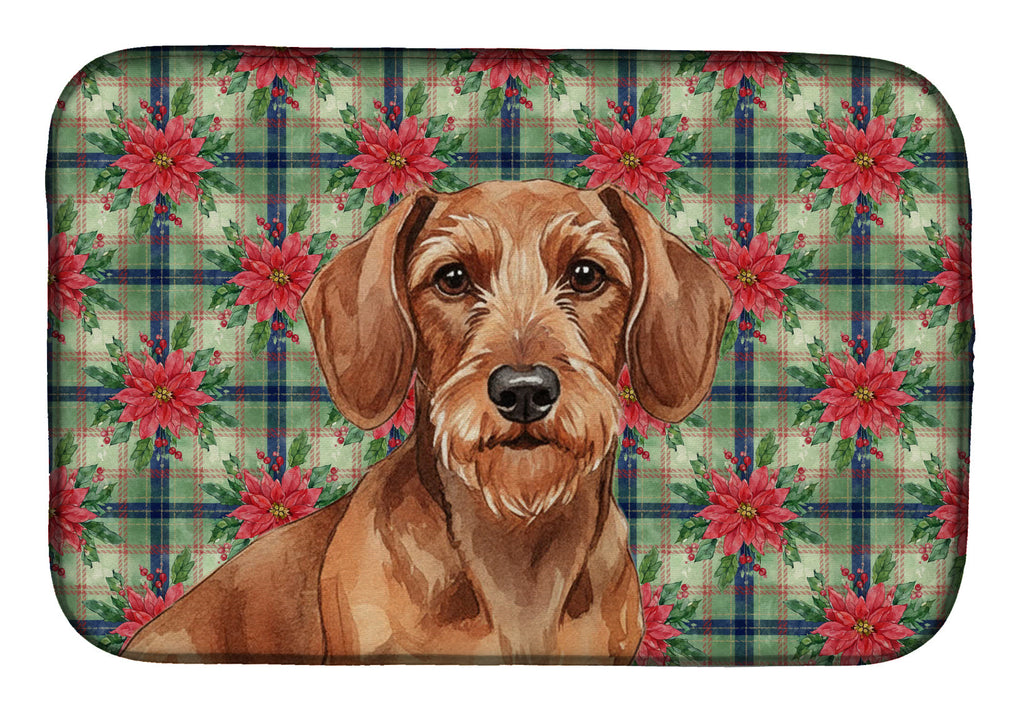 Wirehaired Red Dachshund Christmas PoinsettIas Dish Drying Mat Absorbent Dish Drying Mat Pad for Kitchen Counter Dish Drainer Mat for Countertop, 14 x 21", Multicolor