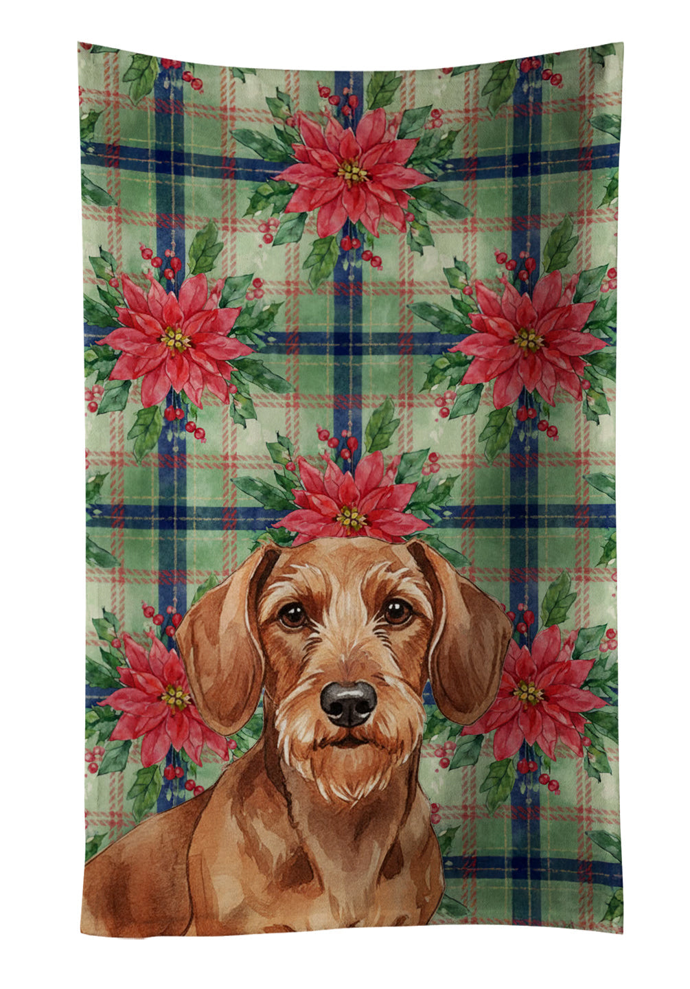Wirehaired Red Dachshund Christmas PoinsettIas Kitchen Towel Velour Plush Front and Cotton Loop Back Machine Washable
