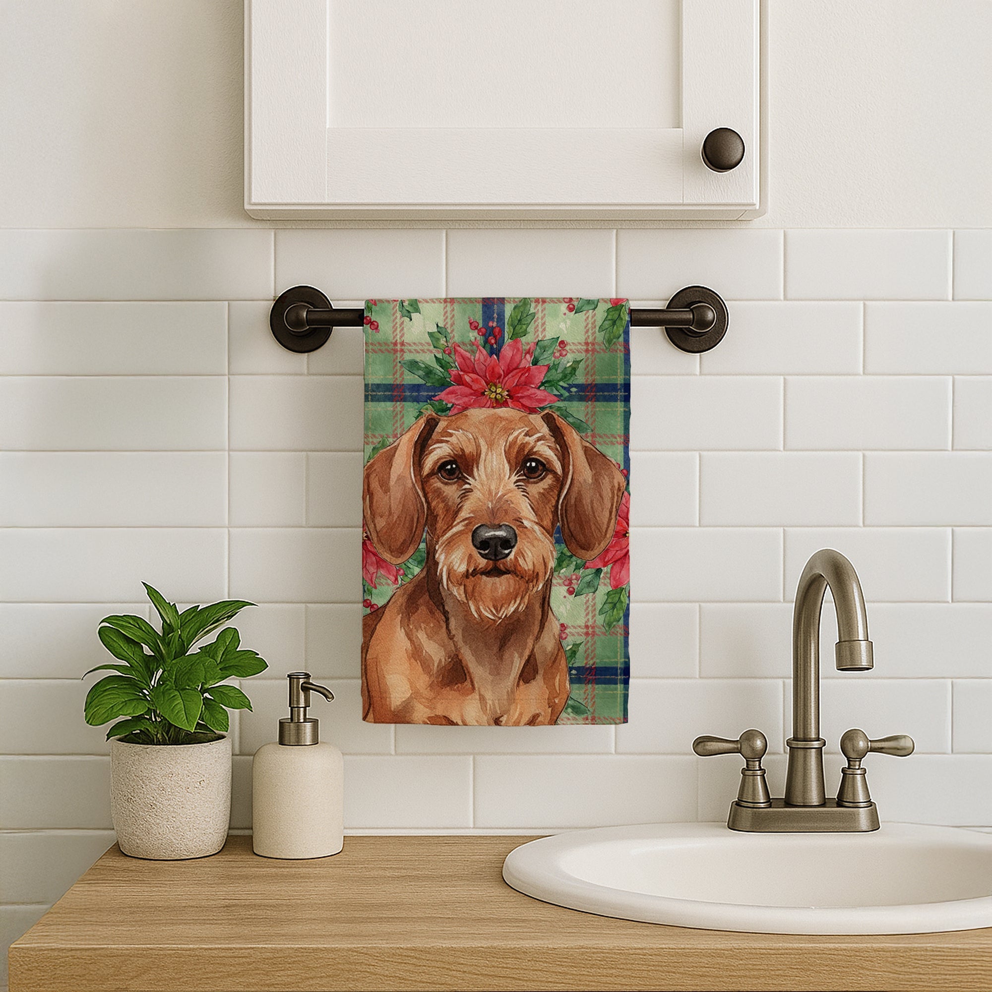 Wirehaired Red Dachshund Christmas PoinsettIas Kitchen Towel Velour Plush Front and Cotton Loop Back Machine Washable