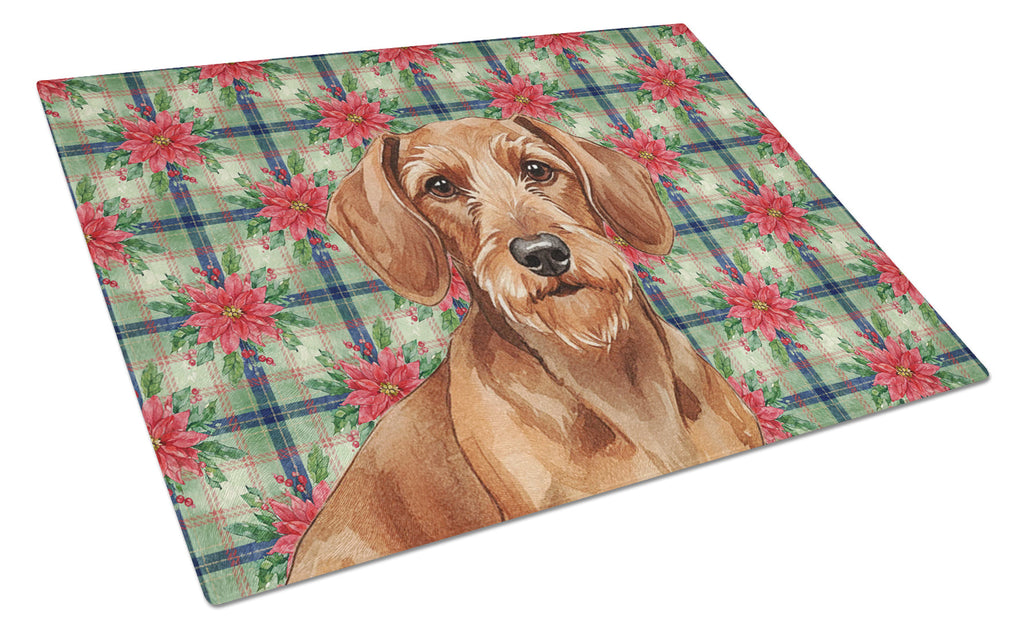 Wirehaired Red Dachshund Christmas PoinsettIas Cutting Board Tempered Glass Kitchen Cutting Surface, Heat Resistant Chopping, Non-Slip Feet, Food Prep & Serving
