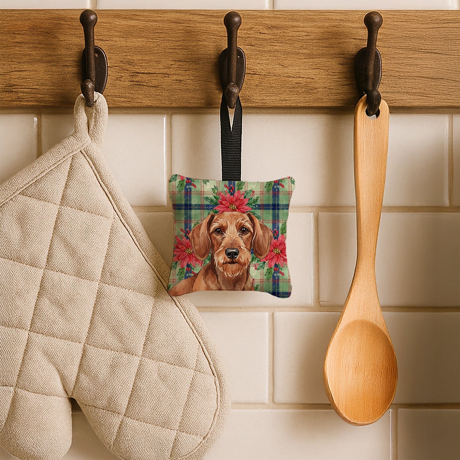Wirehaired Red Dachshund Christmas PoinsettIas Hanging Square Fabric Ornament 3.5 � 3.5 Decorative Door-Knob & Tree Hanger, Soft Fabric