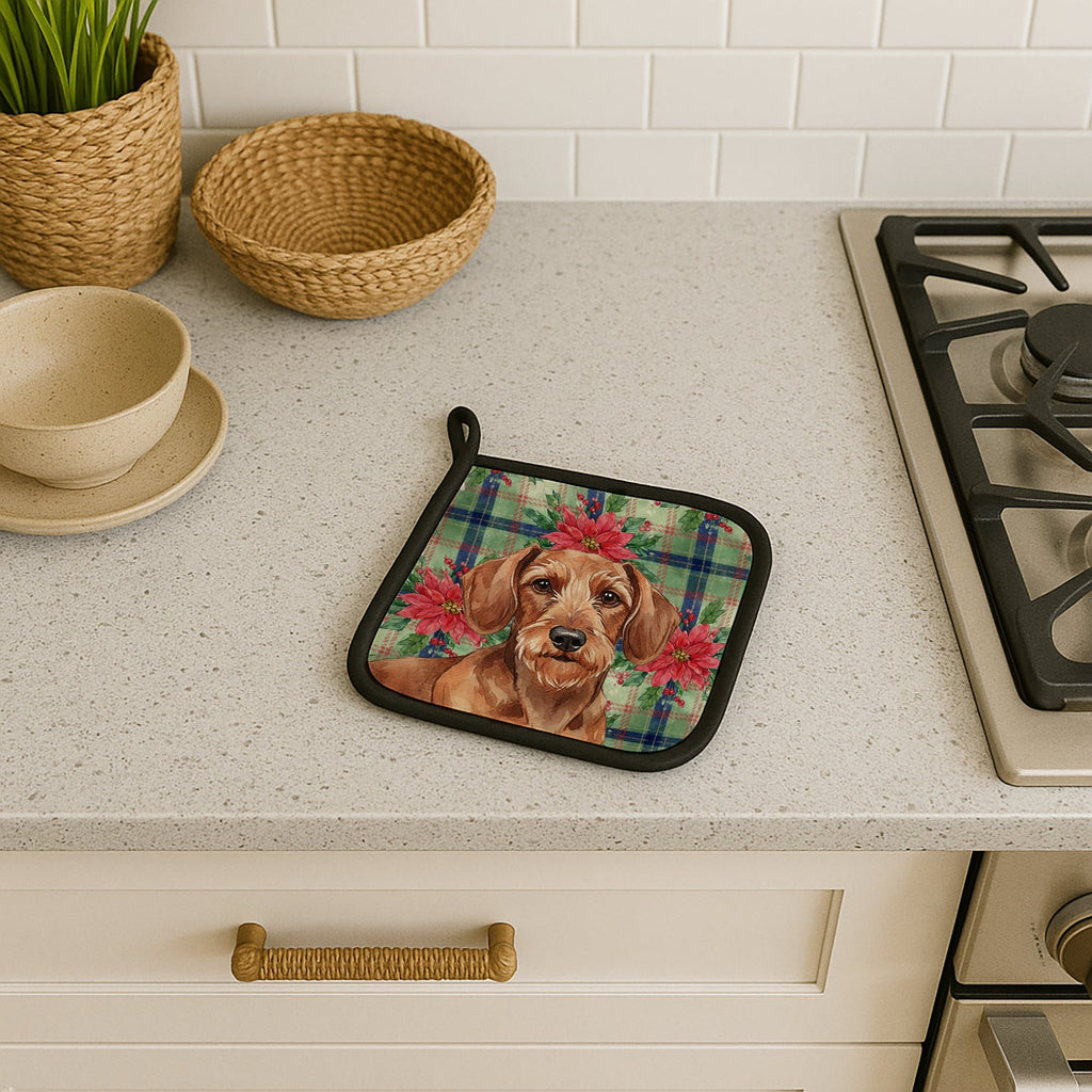 Wirehaired Red Dachshund Christmas PoinsettIas Pot Holder Set of 2 Heat Resistant Quilted Hot Pads 7.5 x 7.5 Inch, Insulated Kitchen Trivets for Cooking & Baking