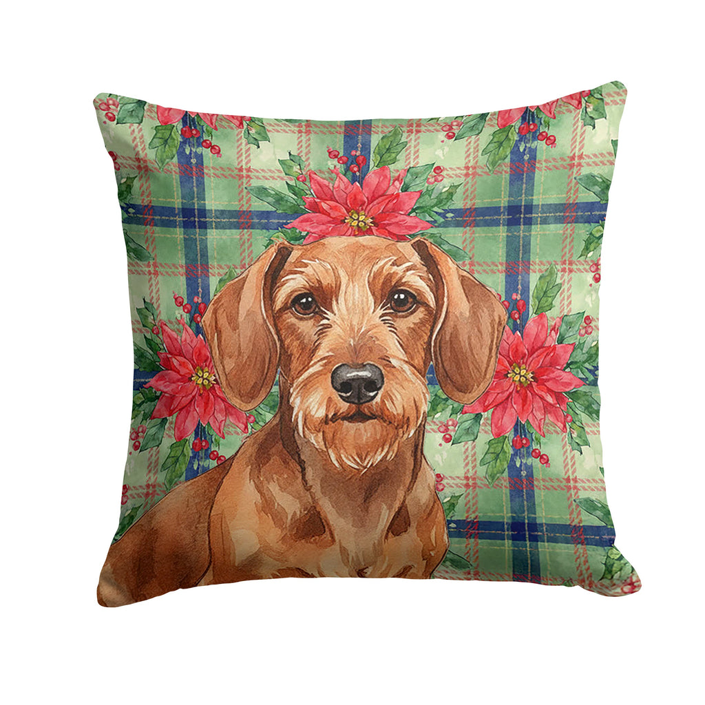 Wirehaired Red Dachshund Christmas PoinsettIas Decorative Throw Pillow 18x18 Indoor Outdoor Accent Cushion, Fabric Cover with Insert for Sofa, Bed, Porch & Living Room