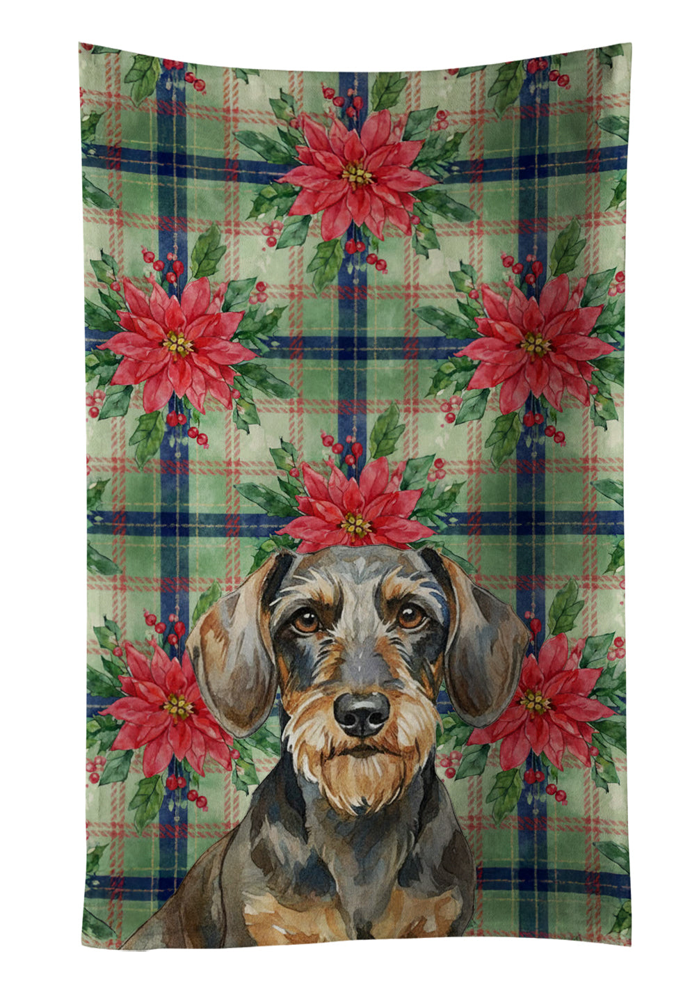 Wirehaired Wild Boar Dachshund Christmas PoinsettIas Kitchen Towel Velour Plush Front and Cotton Loop Back Machine Washable