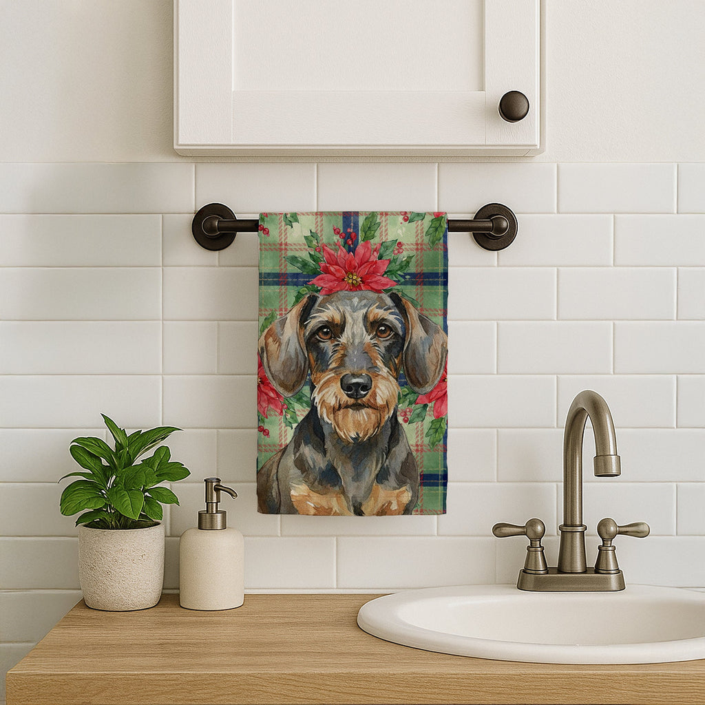 Wirehaired Wild Boar Dachshund Christmas PoinsettIas Kitchen Towel Velour Plush Front and Cotton Loop Back Machine Washable