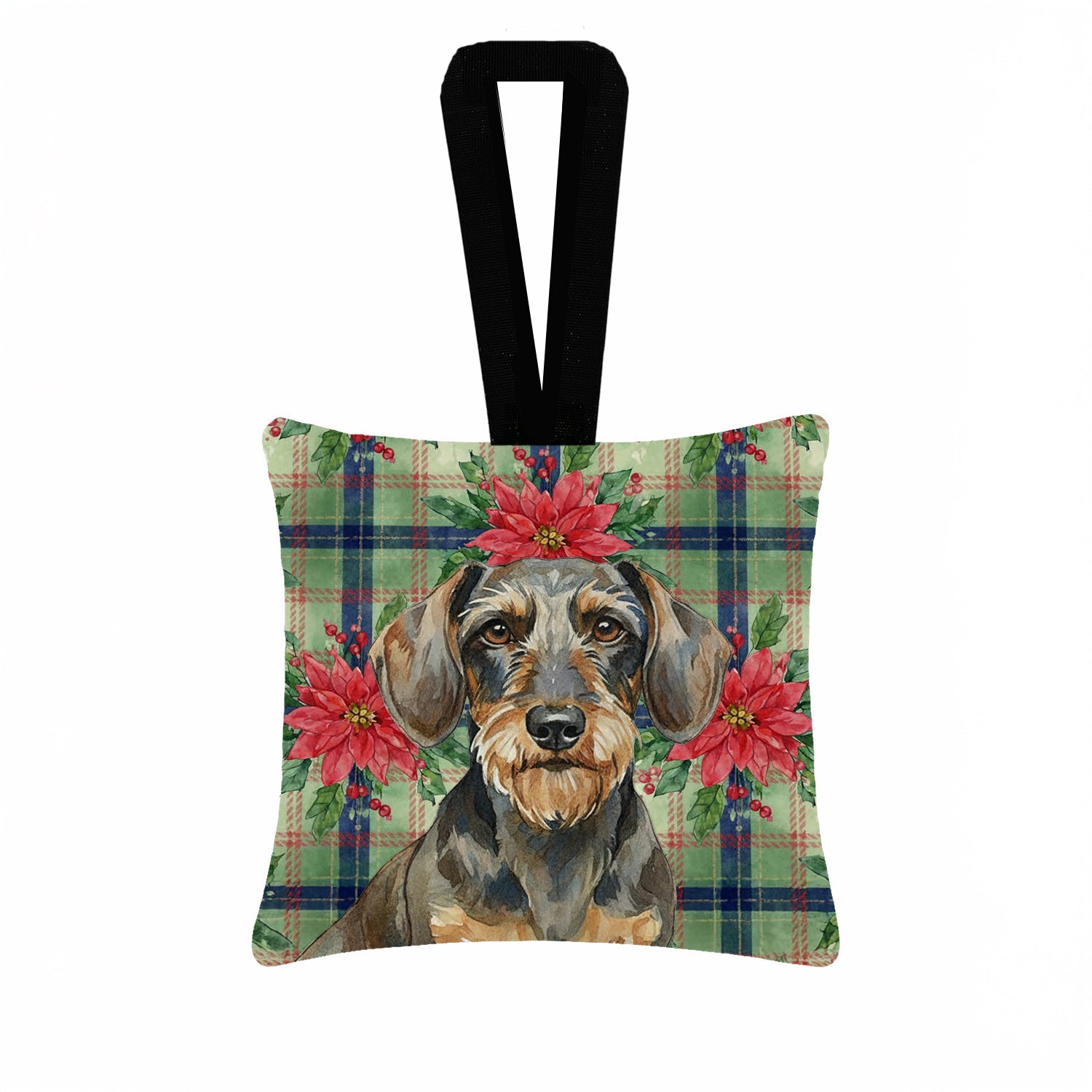 Wirehaired Wild Boar Dachshund Christmas PoinsettIas Hanging Square Fabric Ornament 3.5 � 3.5 Decorative Door-Knob & Tree Hanger, Soft Fabric