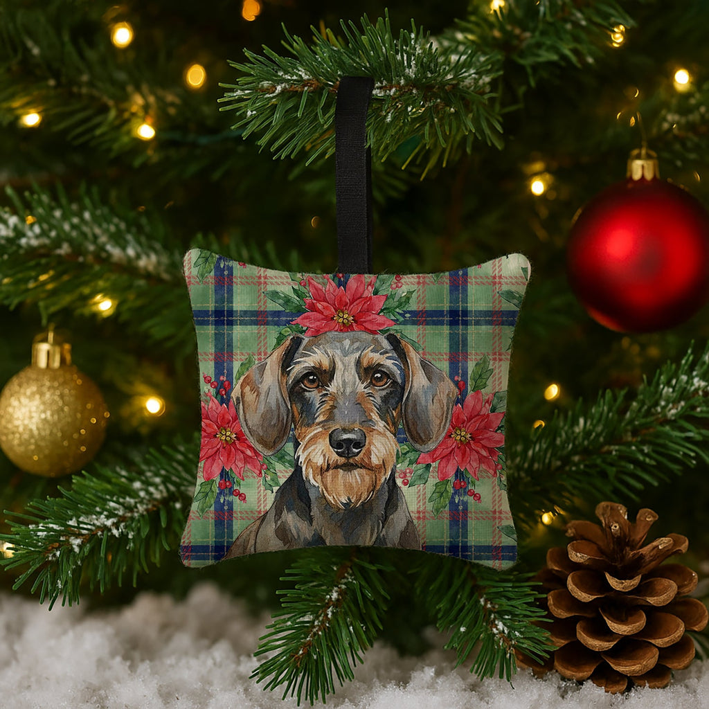 Wirehaired Wild Boar Dachshund Christmas PoinsettIas Hanging Square Fabric Ornament 3.5 � 3.5 Decorative Door-Knob & Tree Hanger, Soft Fabric