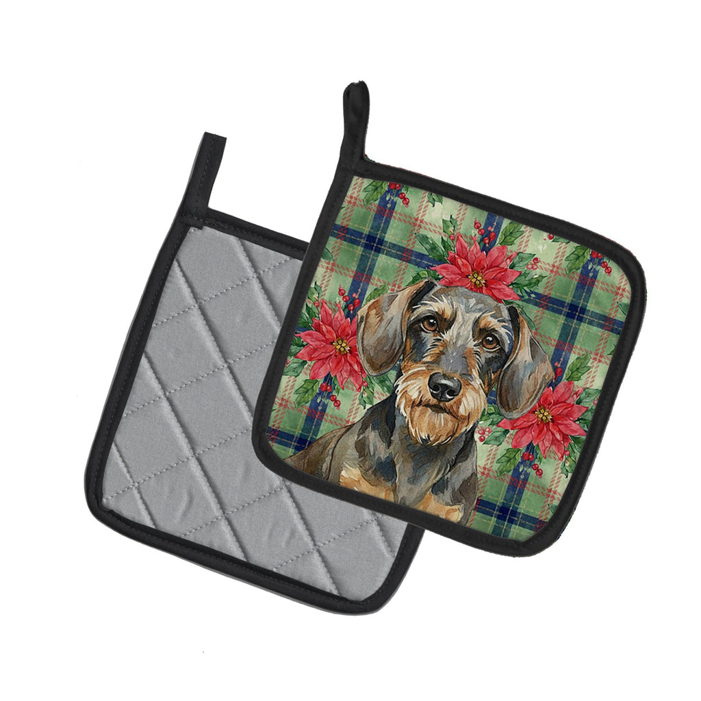 Wirehaired Wild Boar Dachshund Christmas PoinsettIas Pot Holder Set of 2 Heat Resistant Quilted Hot Pads 7.5 x 7.5 Inch, Insulated Kitchen Trivets for Cooking & Baking