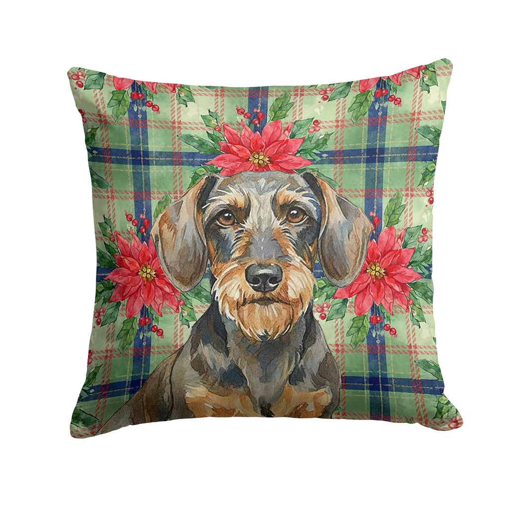 Wirehaired Wild Boar Dachshund Christmas PoinsettIas Decorative Throw Pillow 18x18 Indoor Outdoor Accent Cushion, Fabric Cover with Insert for Sofa, Bed, Porch & Living Room