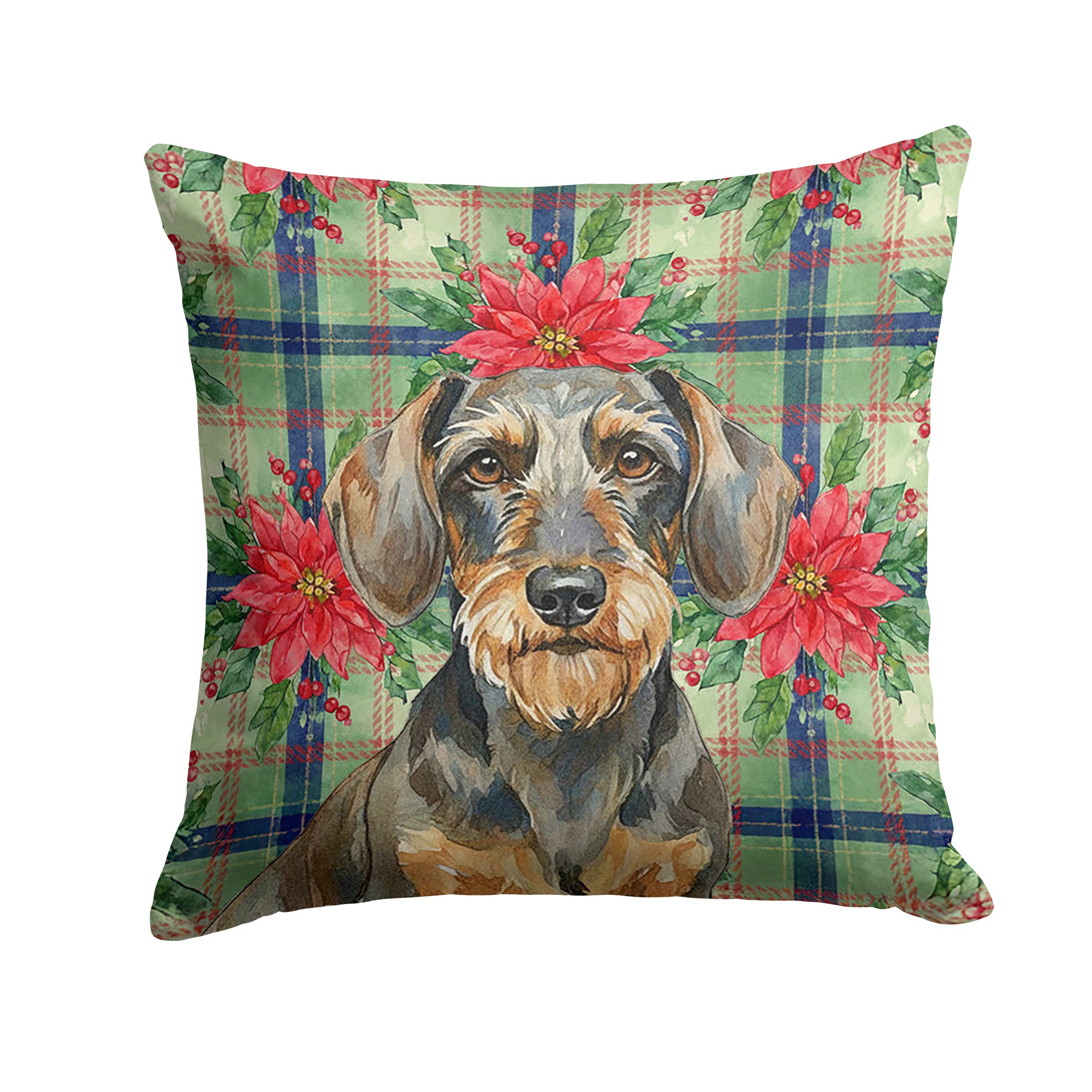 Wirehaired Wild Boar Dachshund Christmas PoinsettIas Decorative Throw Pillow 18x18 Indoor Outdoor Accent Cushion, Fabric Cover with Insert for Sofa, Bed, Porch & Living Room