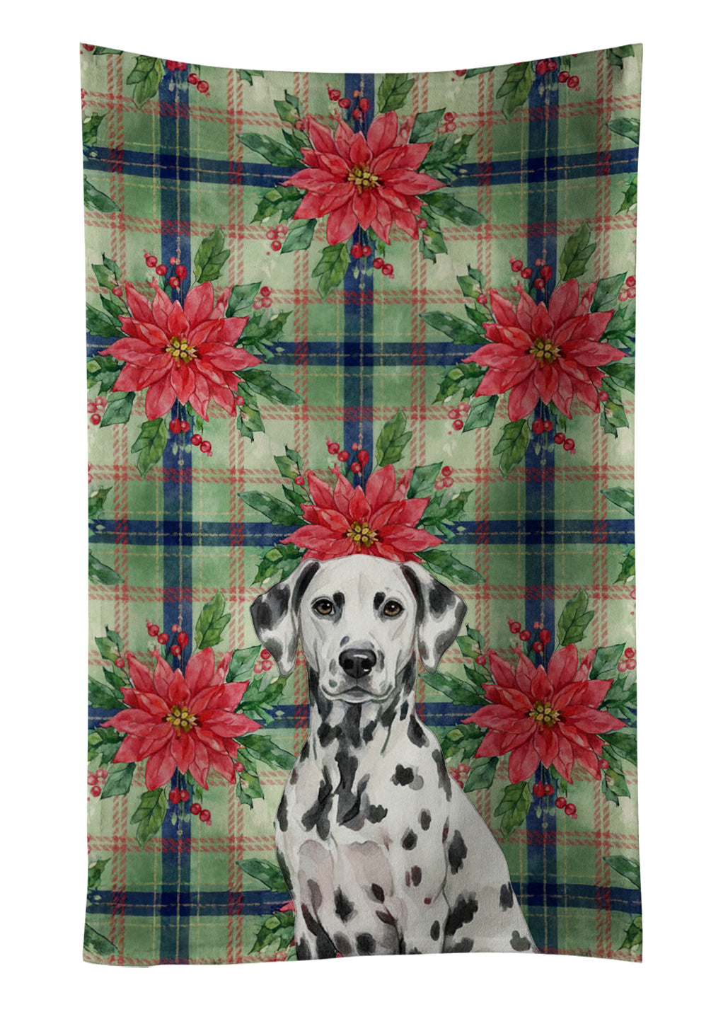 Dalmatian Christmas PoinsettIas Kitchen Towel Velour Plush Front and Cotton Loop Back Machine Washable