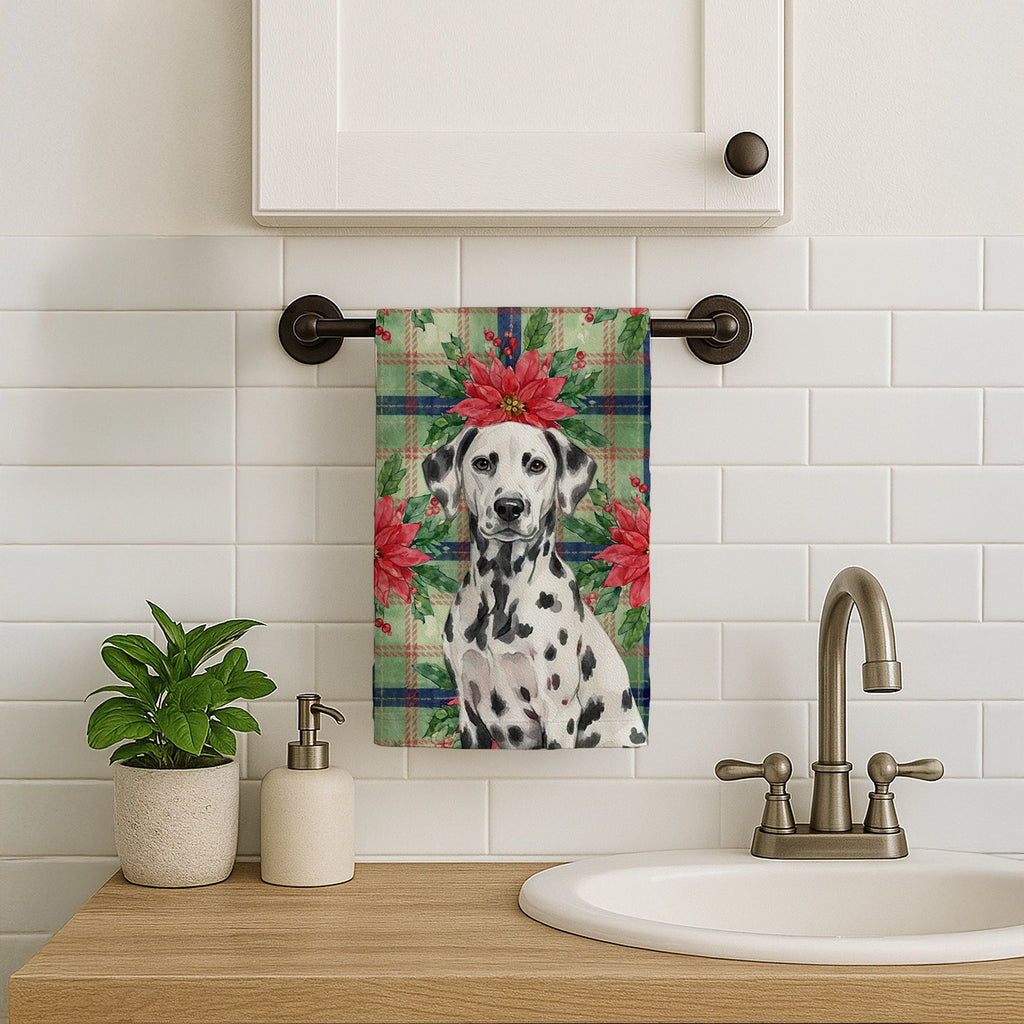 Dalmatian Christmas PoinsettIas Kitchen Towel Velour Plush Front and Cotton Loop Back Machine Washable