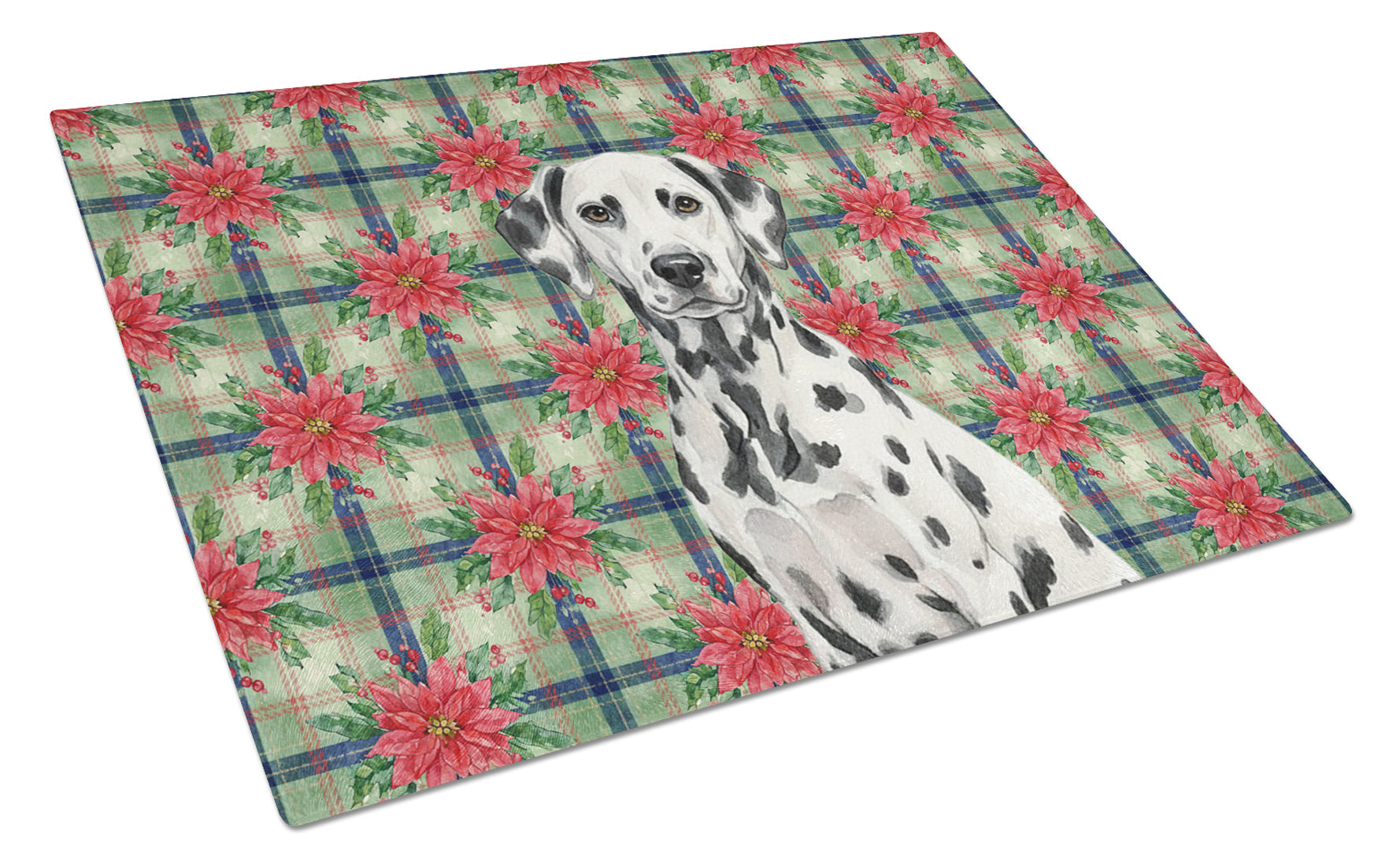 Dalmatian Christmas PoinsettIas Cutting Board Tempered Glass Kitchen Cutting Surface, Heat Resistant Chopping, Non-Slip Feet, Food Prep & Serving