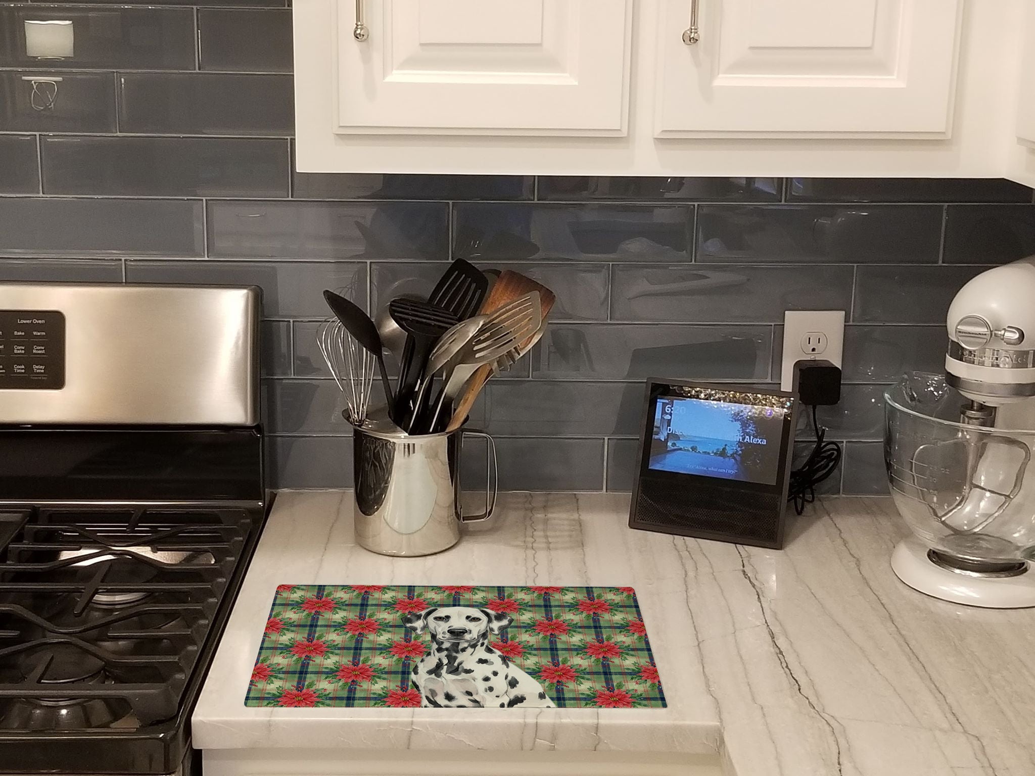 Dalmatian Christmas PoinsettIas Cutting Board Tempered Glass Kitchen Cutting Surface, Heat Resistant Chopping, Non-Slip Feet, Food Prep & Serving