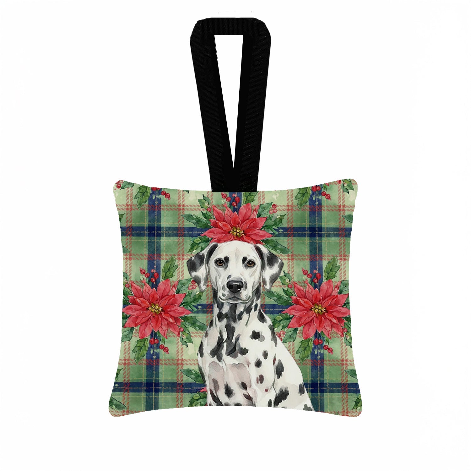 Dalmatian Christmas PoinsettIas Hanging Square Fabric Ornament 3.5 � 3.5 Decorative Door-Knob & Tree Hanger, Soft Fabric