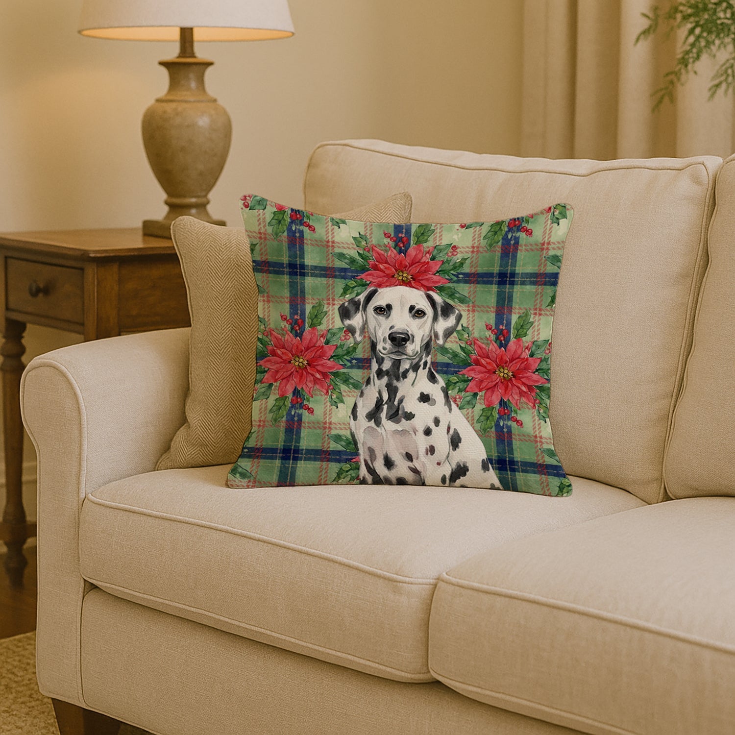 Dalmatian Christmas PoinsettIas Decorative Throw Pillow 14x14 Indoor Outdoor Accent Cushion, Fabric Cover with Insert for Sofa, Bed, Porch & Living Room