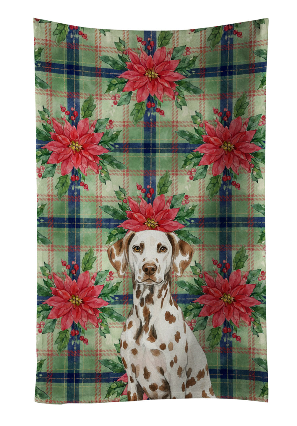 Liver Dalmatian Christmas PoinsettIas Kitchen Towel Velour Plush Front and Cotton Loop Back Machine Washable