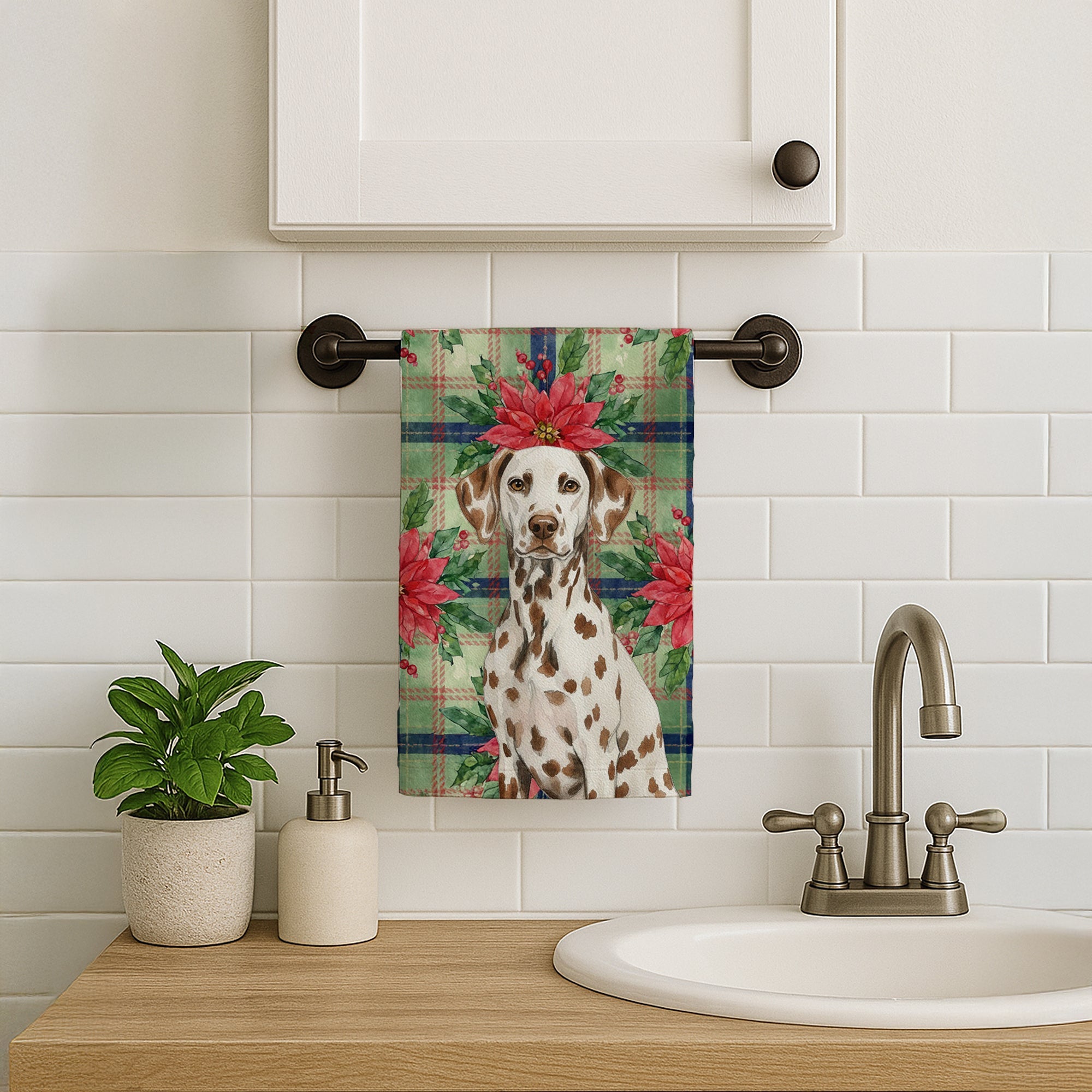 Liver Dalmatian Christmas PoinsettIas Kitchen Towel Velour Plush Front and Cotton Loop Back Machine Washable